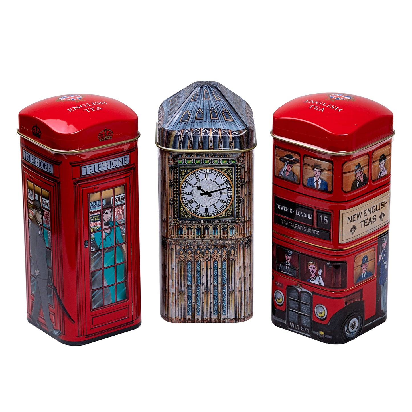 New English Teas British Souvenir 3x Tea Tins with 42 English Breakfast Teabags - Telephone Box, Big Ben & Red Routemaster Bus