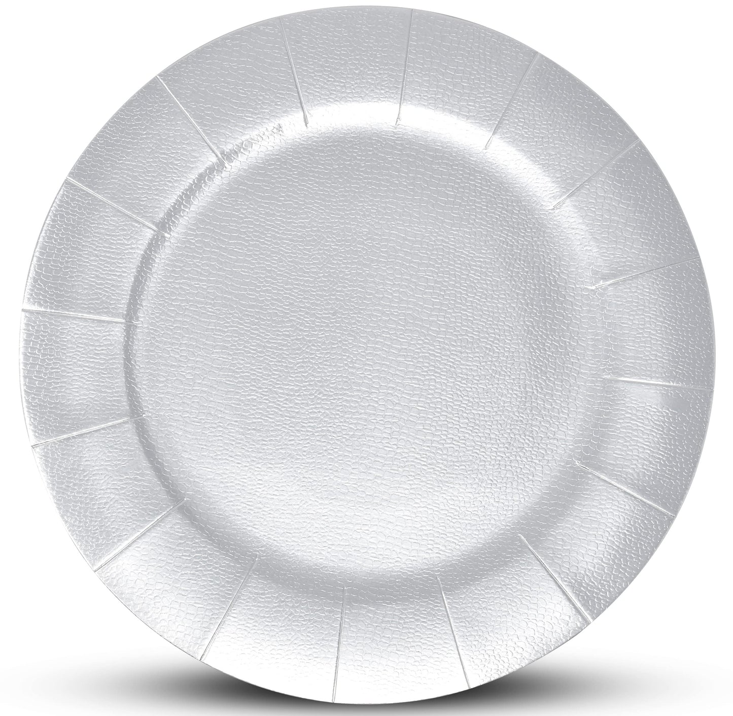 24 Disposable Silver Round Charger Plates 13" Metallic Silver Foil Dinner Serving Tray Heavy Duty Paper Cardboard Platters for Table Setting Place Mats Dessert Birthday Parties Weddings Bridal Shower