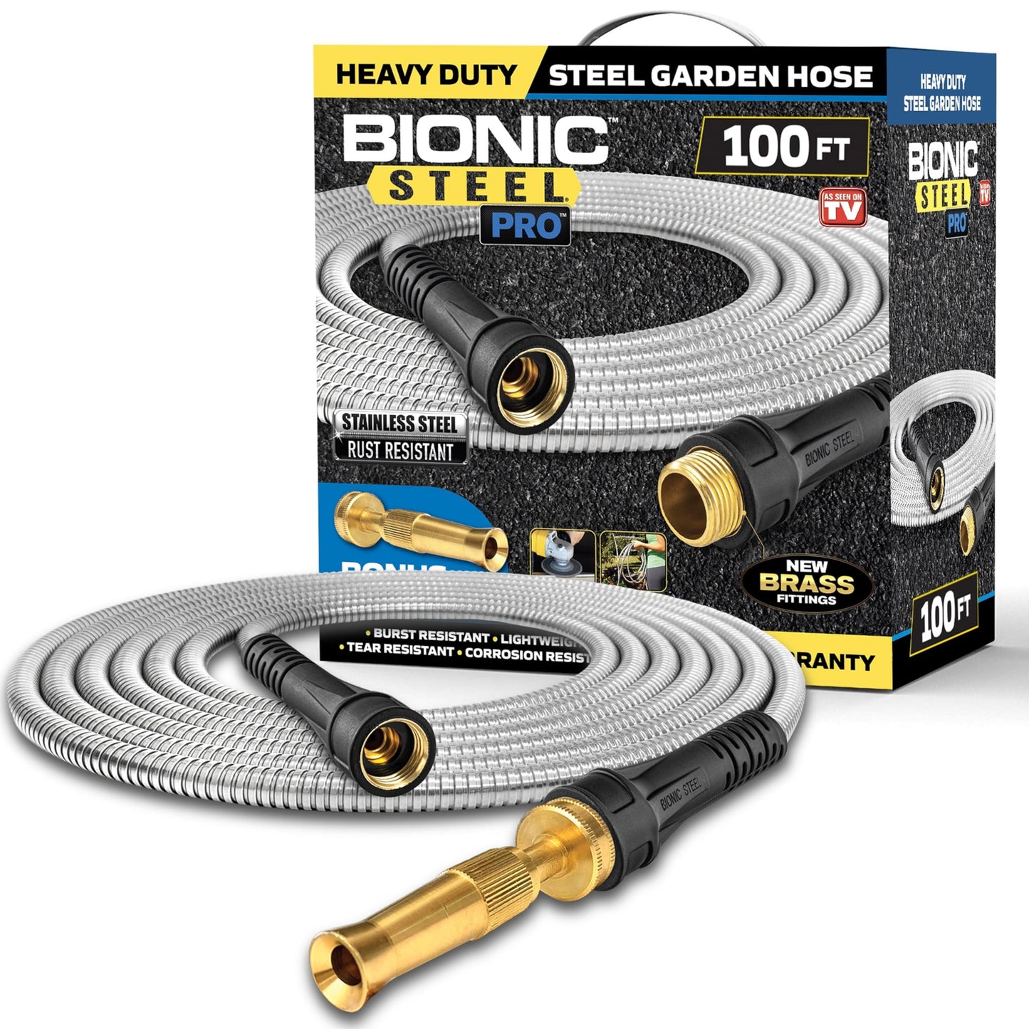 Bionic Steel Pro Metal Garden Hose 100ft, Rust Proof 304 Stainless Steel Water Hose with Brass Fittings, Flexible & Heavy Duty Hose, Lightweight, Kink Free & Easy Coil Outdoor Hose- 2021 Model