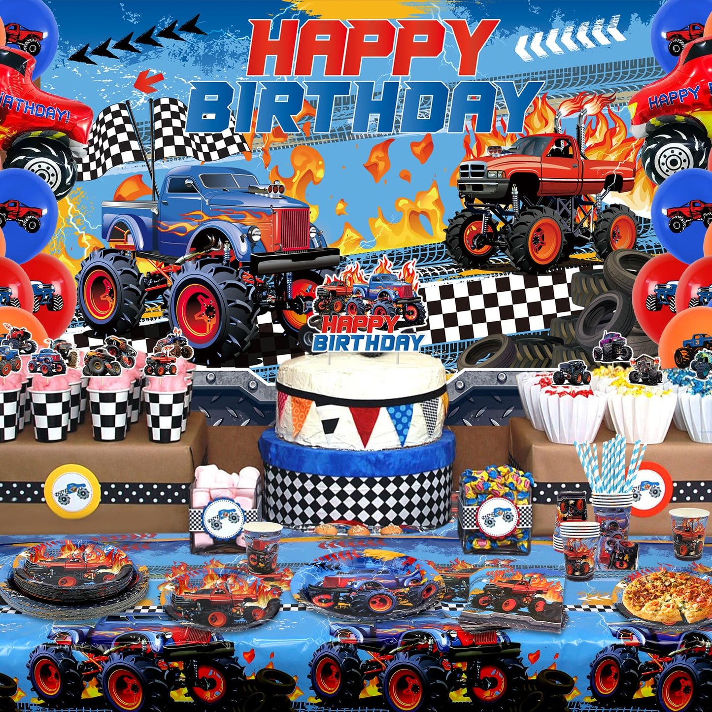 KEFAN Monster Truck Birthday Party Decorations, Monster Truck Birthday Party Supplies including Backdrop, Plates, Cups, Napkins, Tablecloth, Balloons for Boys Birthday Party (Background)