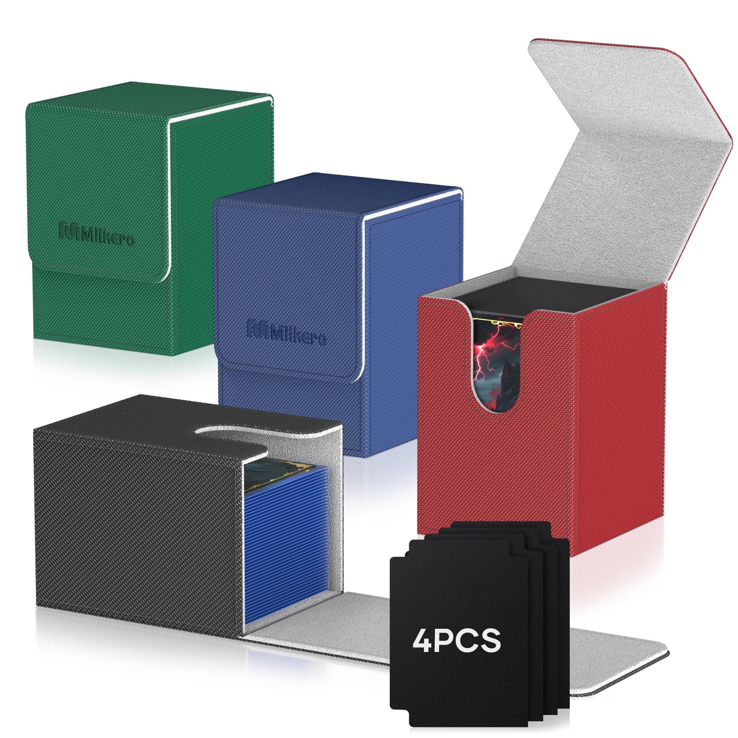 Mlikero 4 Pack Card Deck Box, Commander Deck Box Holds 400+ Single Sleeved Cards with 4 Dividers, Leather Magnetic Card Box Fit for MTG, TCG (4 Colors)