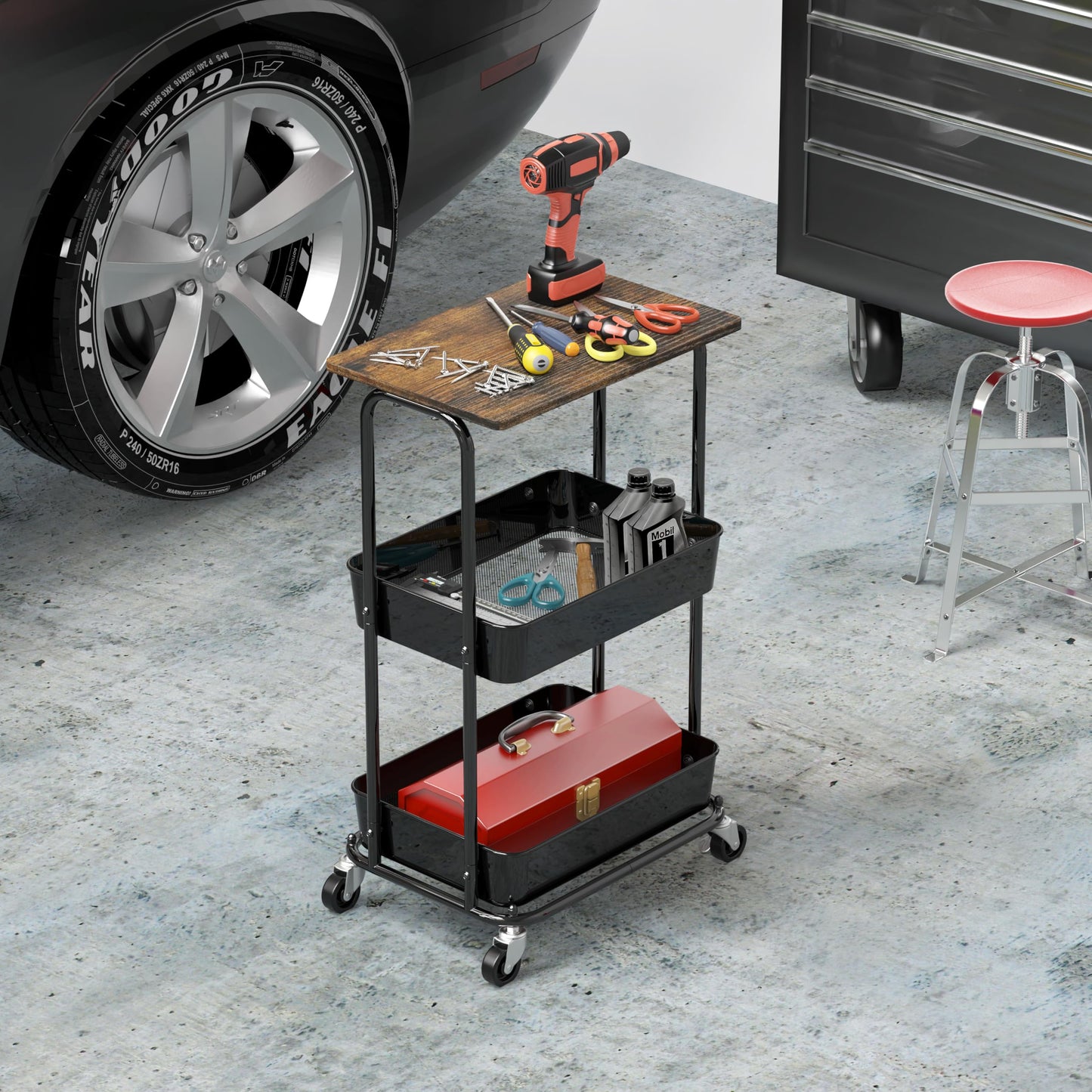 Simple Houseware 3-Tier Metal Rolling Utility Cart with Wooden Top and Lockable Wheel, Storage Organizer Trolley for Kitchen, Bathroom, Office, Craft Room, Rustic Brown