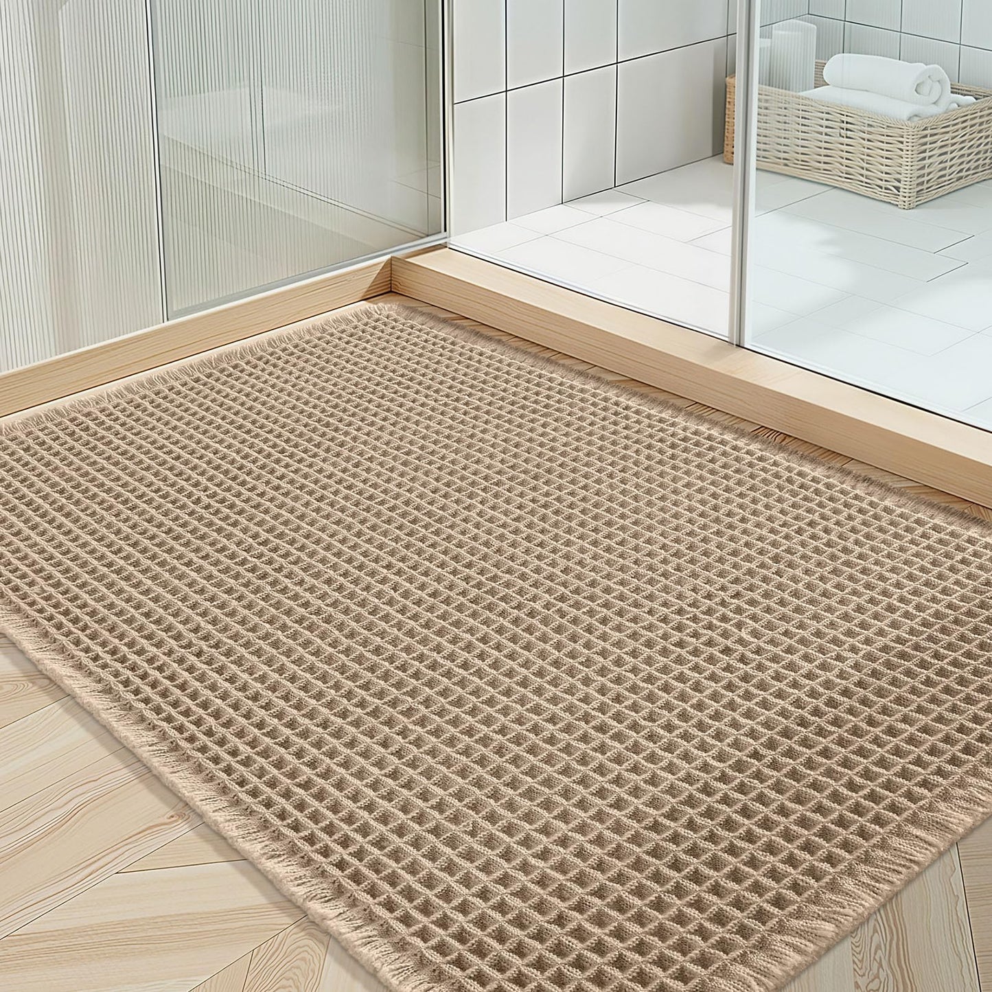 OLANLY Waffle Bath Mat, 24x36 Extra Soft Boho Bathroom Mat, Non Slip Super Absorbent Bathroom Rug, Quick Dry Machine Washable Bath Mats for Bathroom Floor, Tub and Shower, Brown