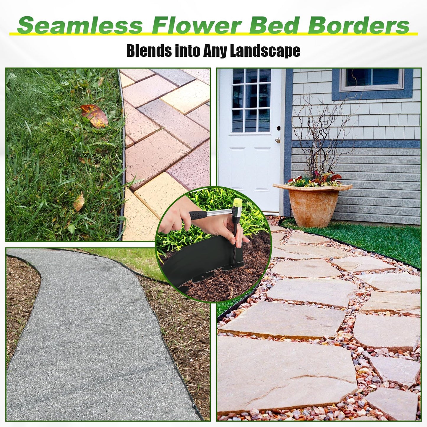 33FT Garden Edging Border, 4 Inch Height No Dig Lawn Edging Kit with 30 Spikes and Hammer, Plastic Landscape Edging for Yard, Flower Beds, and Pathways - Black