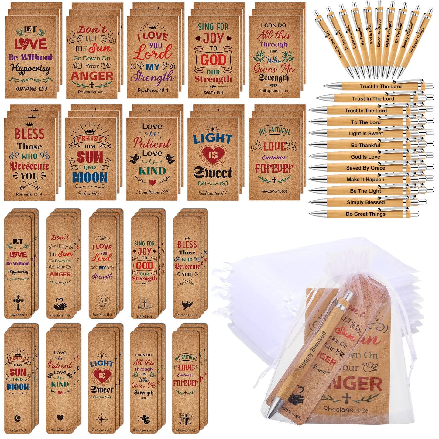 120 Pcs Bible Gifts Set Include 30 Bible Verses Bookmarks Christian Book Markers 30 Scripture Ballpoint Pens 30 Christian Notebooks 30 White Organza Bags for Women Men School Office Church (Simple)