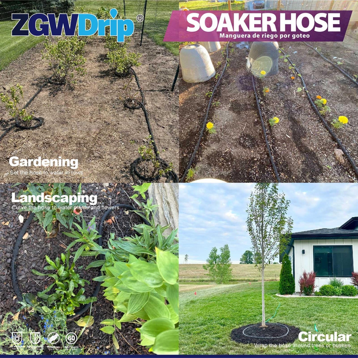 ZGWDrip 5/8" Heavy Duty Soaker Hose with Brass Connectors – Ultra-Flexible Drip Irrigation for Gardens, Lawns & Raised Beds (50 FT)