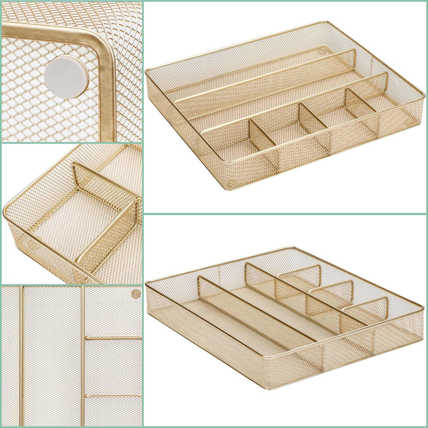 Annova Desk Drawer Organizer/Storage Tray - Metal Mesh with Dividers for Pens, Desktop Accessories, Bathroom, Kitchen, Makeup and Office Supplies (Gold)