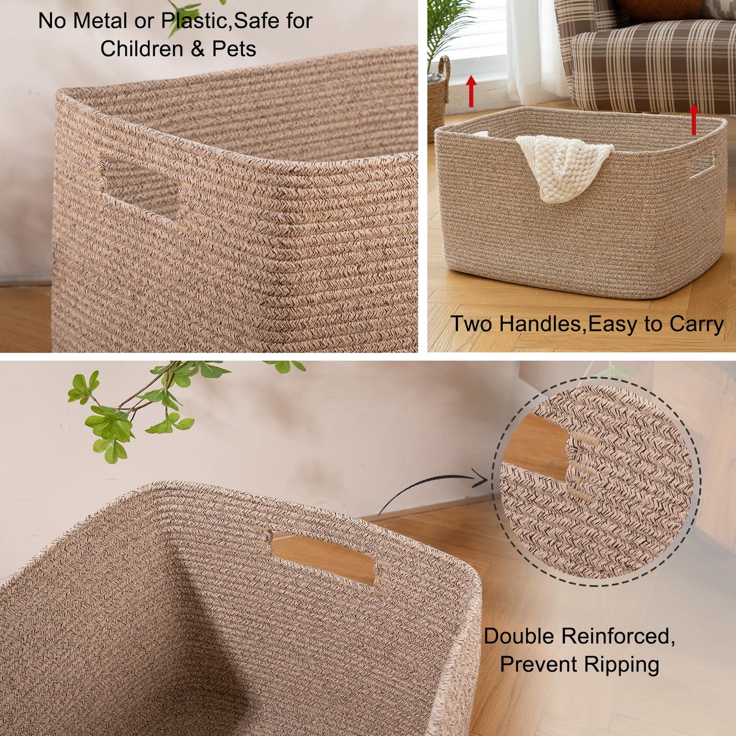 OIAHOMY 70L Large Cotton Rope Basket 22”x17”x12”, Woven Nursery Laundry Blanket Basket,Storage Basket with Handle,Brown variegated