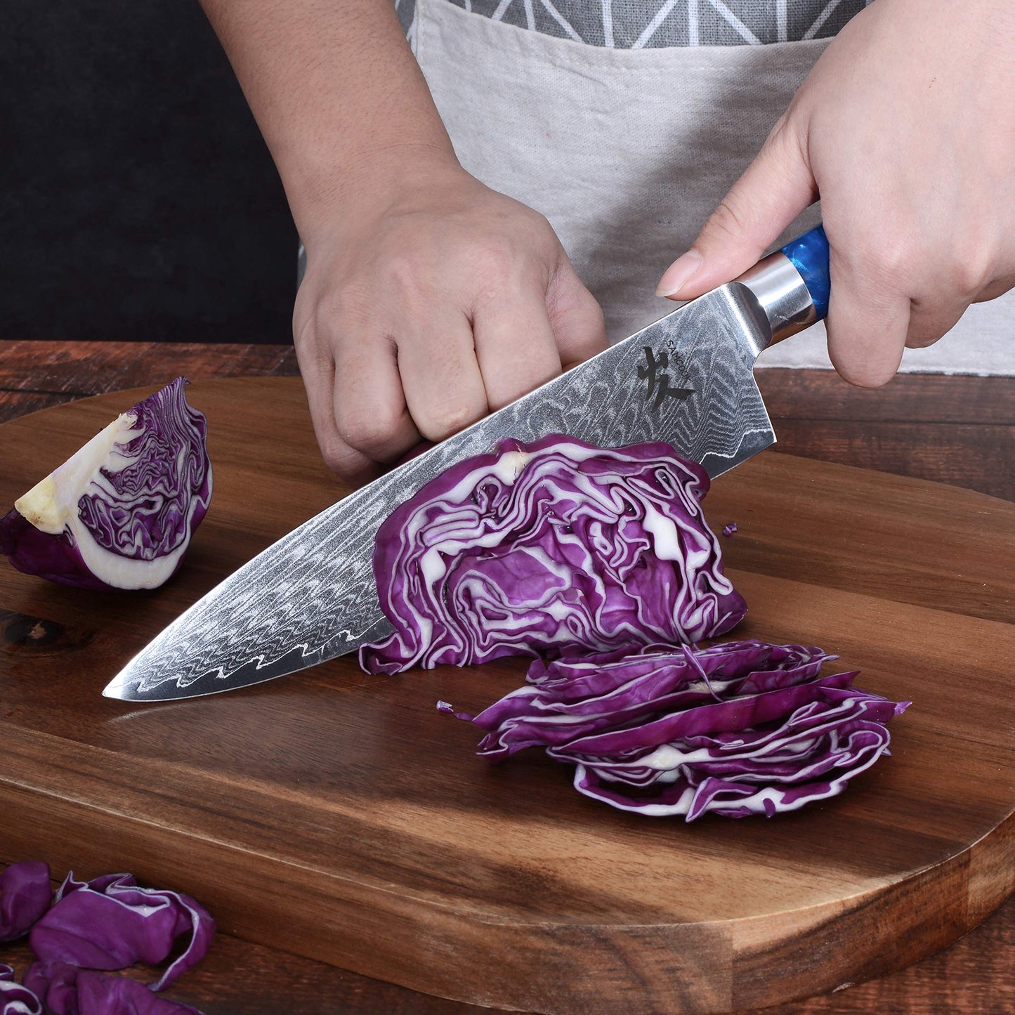 SAMCOOK Damascus Chef Knife - 8 Inch Professional Sharp Gyuto Knife - Japanese VG-10 High Carbon Stainless Steel Kitchen Cooking Knife - Ergonomic Blue Resin Wood Handle with Gift Box