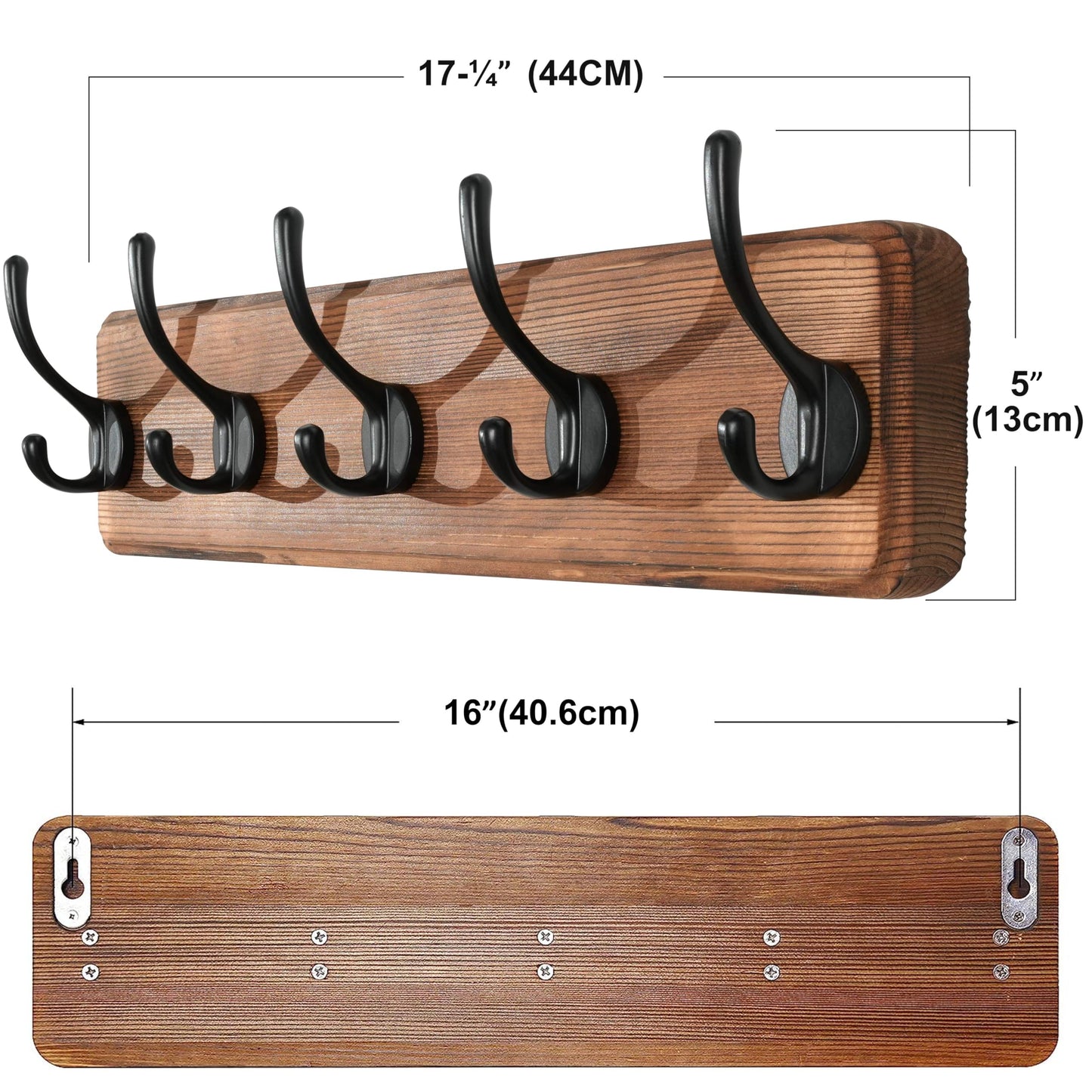 SKOLOO Rustic Wall Mounted Coat Rack, 16-inches Hole to Hole, Pine Real Wood Plank Wall Coat Rack with 5 Hooks, Farmhouse Coat Hanger Wall Mount for Hanging Backpack Jacket Coat Hat