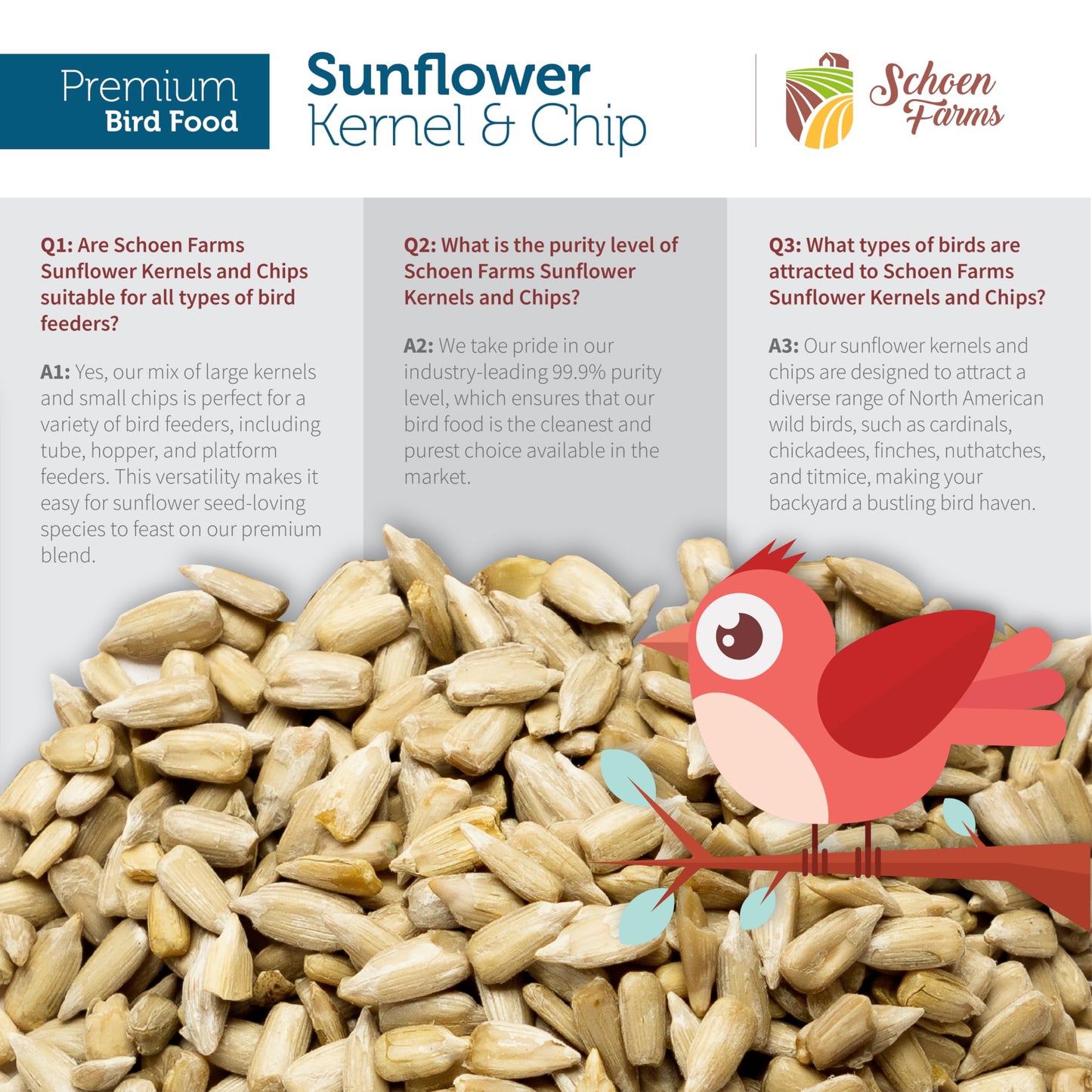 Schoen Farms Sunflower Kernels & Chips – 4.54 kg Bag – Hulled Sunflower Hearts Bird Seed – Mess-Free Feed for Chickadees, Finches & Jays – Canadian Grown