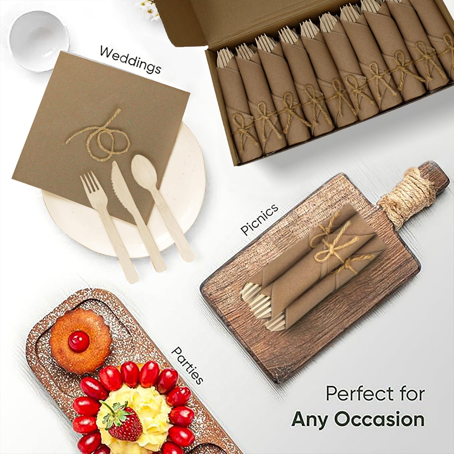 EcoPreps Premium Pre-Rolled Napkins Set and Bamboo Cutlery with Brown Napkins (30 Pieces, 120 Pieces) 100% Biodegradable, Eco-Friendly, Disposable Cutlery - Fork