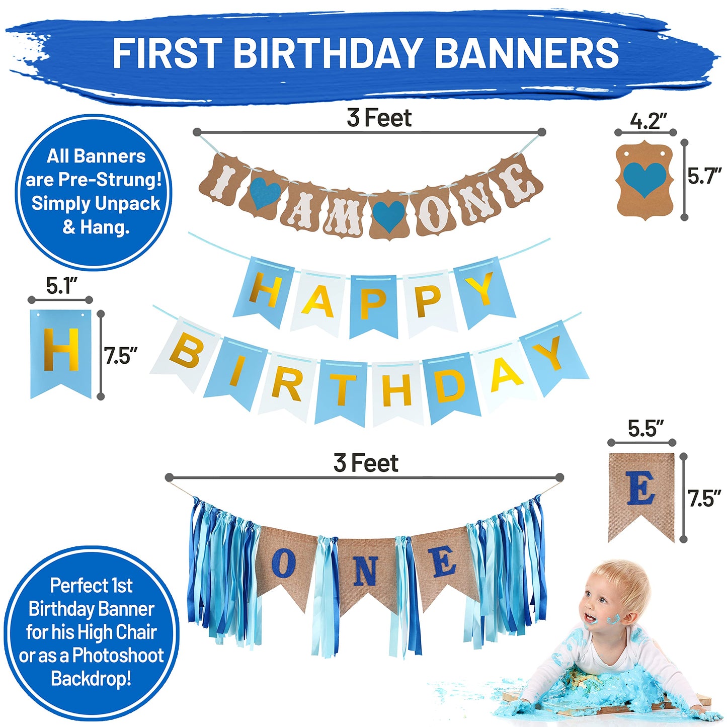 PartyHooman Boy 1st Birthday Decors: Package With Photo Banner, Backdrop, Crown, High Chair Banner & Supplies