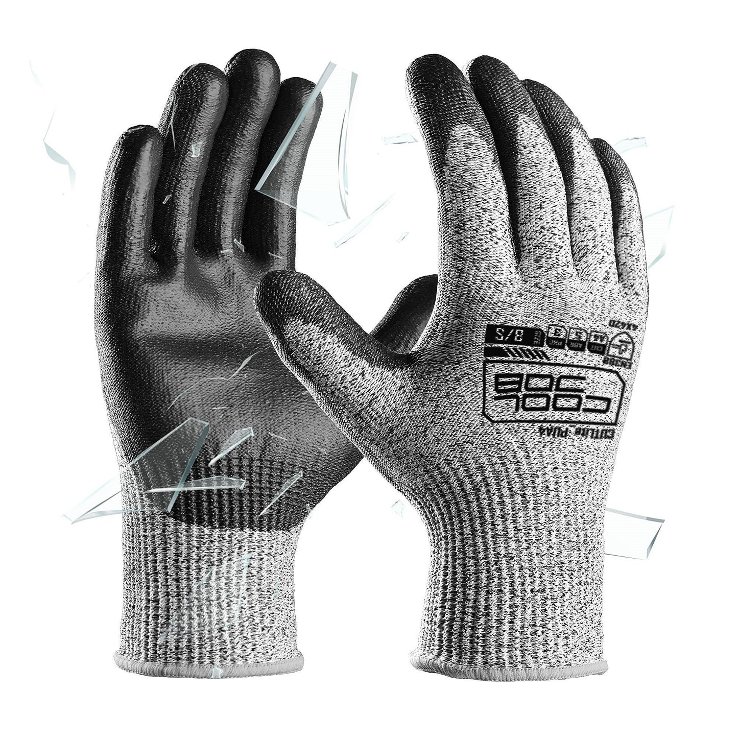 COOLJOB 12 Pairs A4 Cut Resistant Work Gloves with Grip, Polyurethane PU Coated, for Wood Carving, Glass Handling, Construction, Warehouse, Breathable & Lightweight, Gray Large