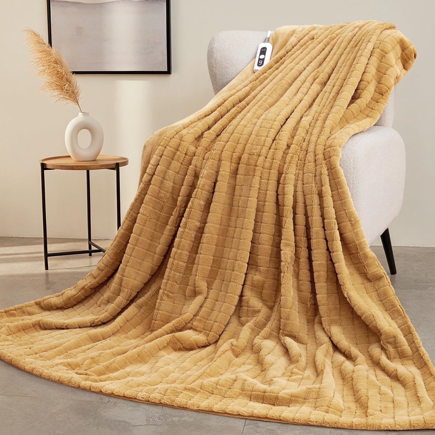 CURECURE Heated Blanket Full Size 72"x84", Soft Warm Faux Rabbit Fur Electric Blanket with 6 Heating Levels, 10 Hours Auto-Shutdown, Fast Heating, Home Use, Machine Washable, Gifts for Adults, Khaki