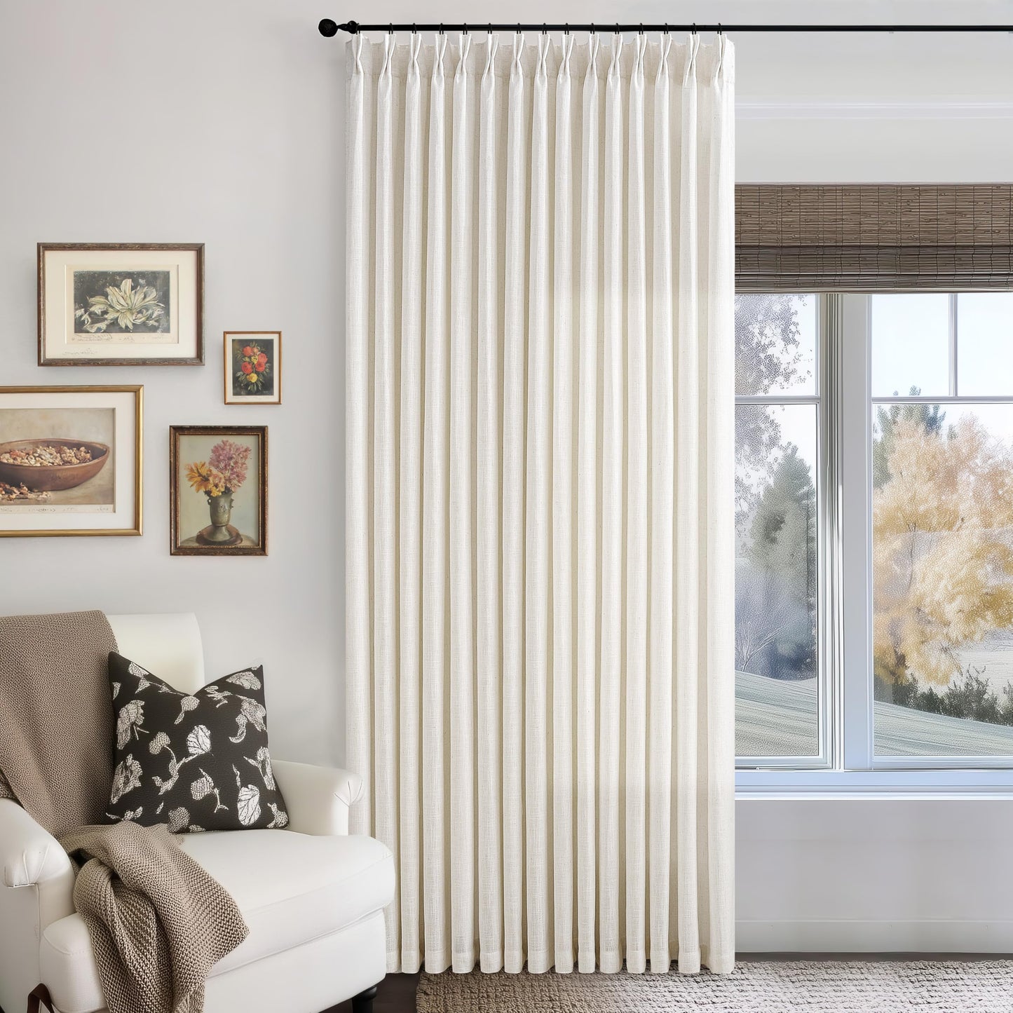 Extra Wide Linen Curtains 90 Inches Long 70 Inch Wide for Living Room Bedroom Light Filtering Cream Natural Pinch Pleated Curtains Neutral Boho Hooks Rings Back Tab Sliding Glass Door 70Wx90L 1 Panel