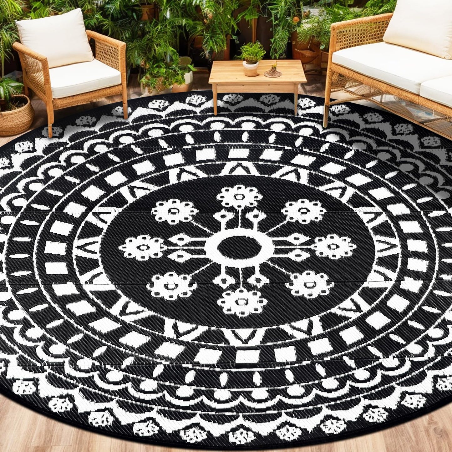 Capslpad Round Outdoor Rug for Patio 8' Reversible Mat Waterproof Plastic Straw Rug Boho Round Indoor Outdoor Area Rug for RV,Backyard,Balcony,Deck,Tent,Picnic,Beach,Camping
