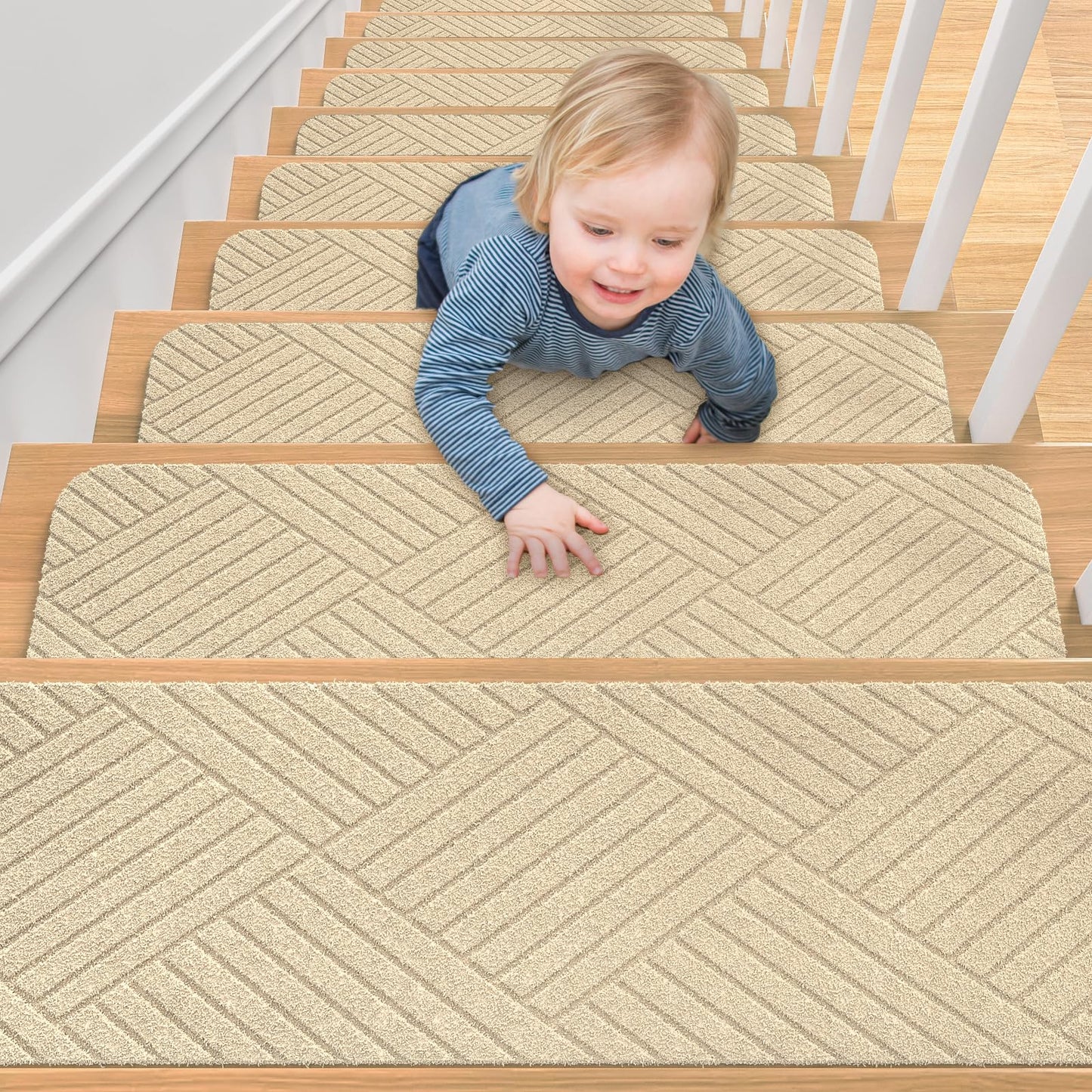 Aenithsy Stair Treads Non Slip Indoor, 15 Pack 30"x8" Stair Runners for Wooden Steps with Reusable Adhesive, Washable Stair Carpet Mats for Elders, Kids and Pets, Beige