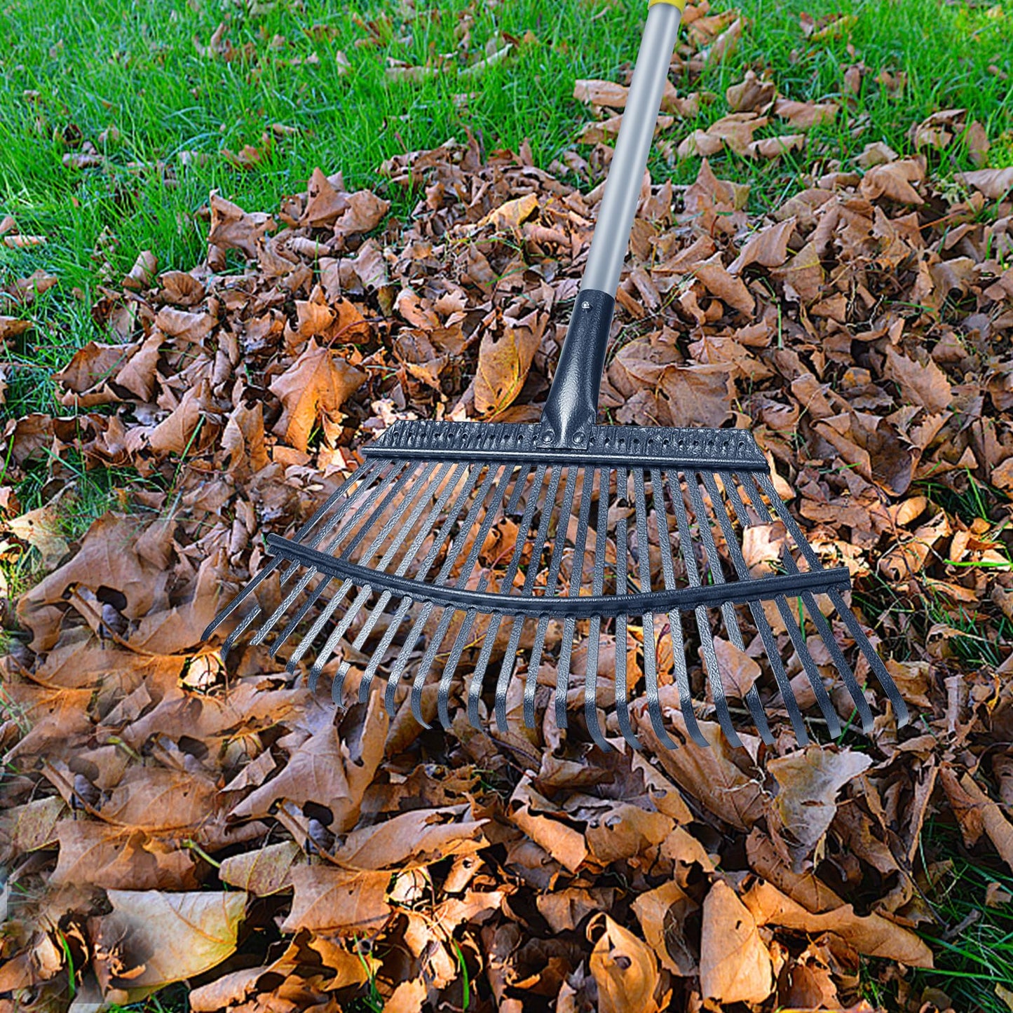 Stanew 5.4FT Heavy Duty Stainless Steel Garden Leaf Rake -Adjustable Length, 25 Tines Landscape Rake, Leaf Collector, and Leaf Scoops for Yarn Thatch, Gathering Leaves, Farming, Herb Garden and More