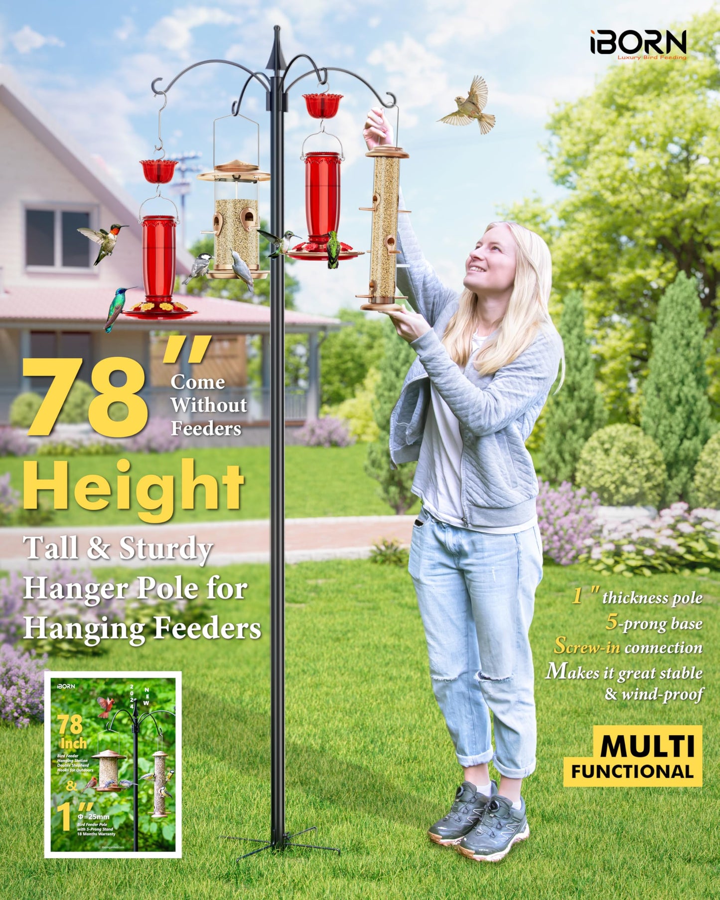 iBorn 1“ Thickness Shepherds Hooks for Outdoor Bird Feeder Pole 78" Height Wild Bird Feeder Stand Shepherds Hook for Hummingbird Feeder, 4 Top Hooks,5 Base Prongs (Feeders NOT Included)