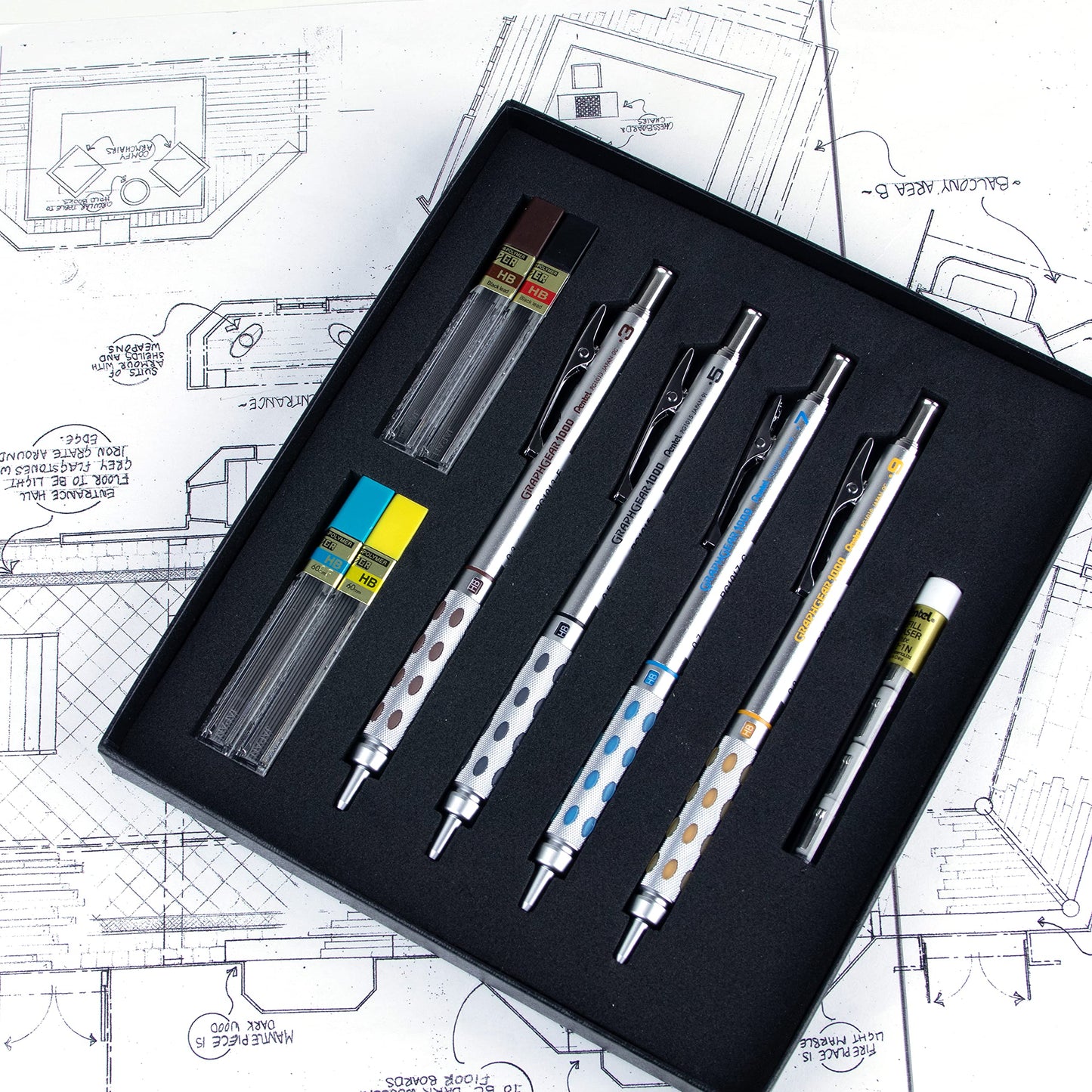 Pentel Arts GraphGear 1000 Premium Mechanical Drafting Pencil Set, Rectractable, For Students, Architects, Engineers, Artists, 4 Assorted Mechancical Pencils and Leads, Refill Erasers, Box Set
