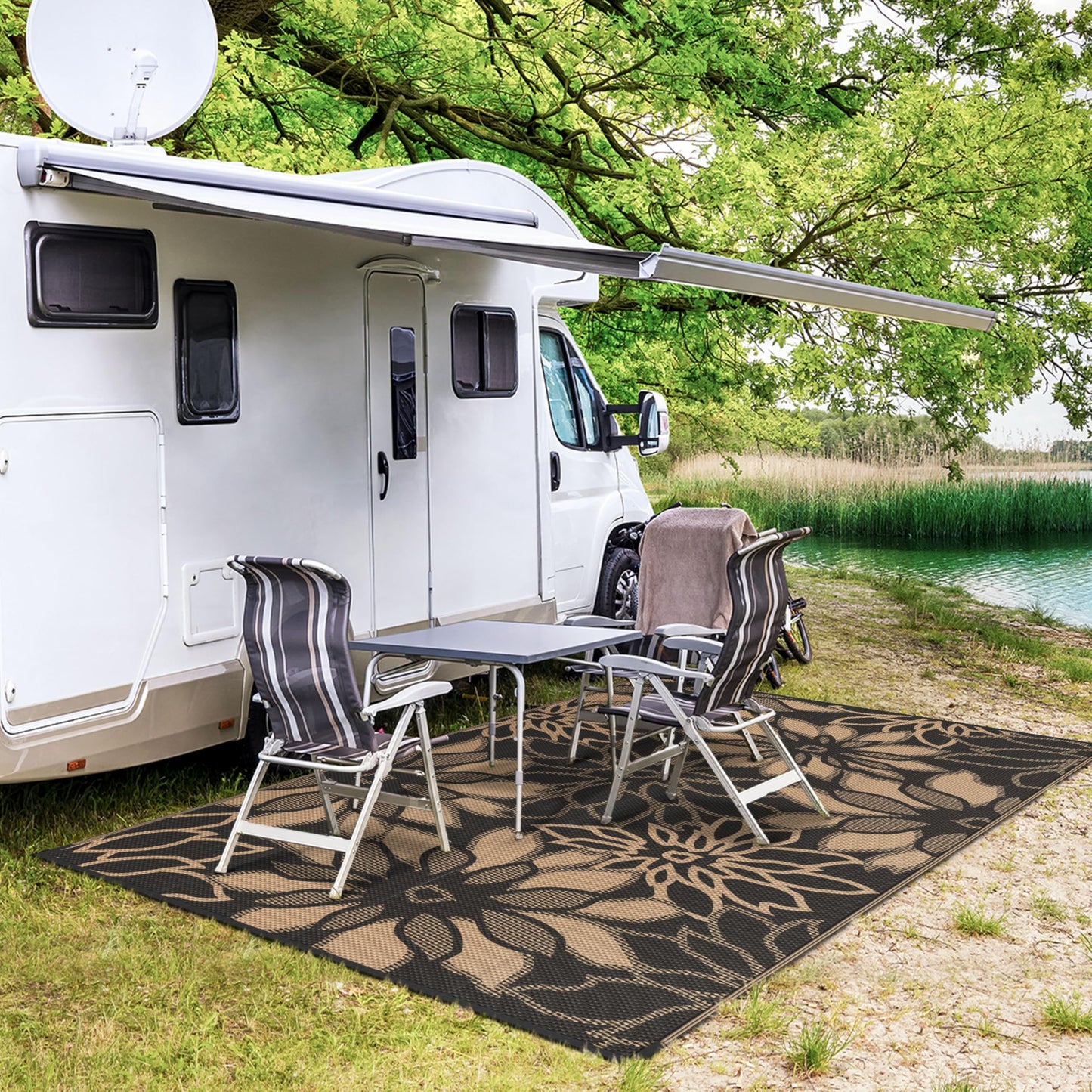 GENIMO Outdoor Rug Waterproof for Patio Decor, Reversible Plastic Straw Floral Camping Carpet, Large Area Rug Mat for RV, Camper, Deck, Balcony, Porch, Beach, Picnic
