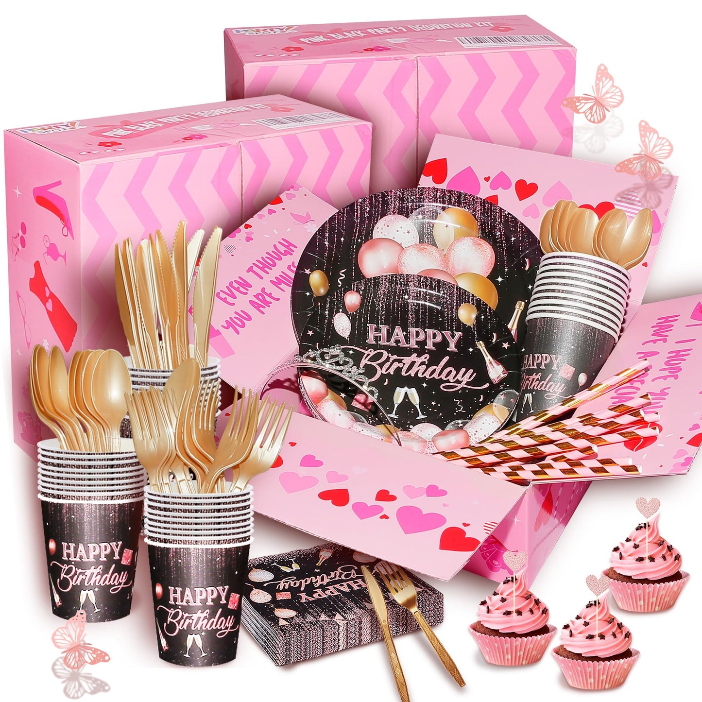 210 Pcs Birthday Party Decorations for Woman Girl, Rose Gold Party Decorations, Happy Birthday Decorations - Balloon Stand Kit, Banner, Tassel Curtain,Crown,Tableware Kit For 12 Guests