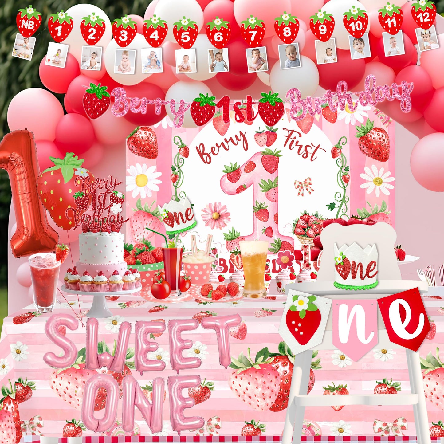 Berry First Birthday Decorations Strawberry 1st Decorations for Girls Sweet One Strawberry Decor Party Supplies include Photo Banner Highchair Banner Backdrop Tableware Set