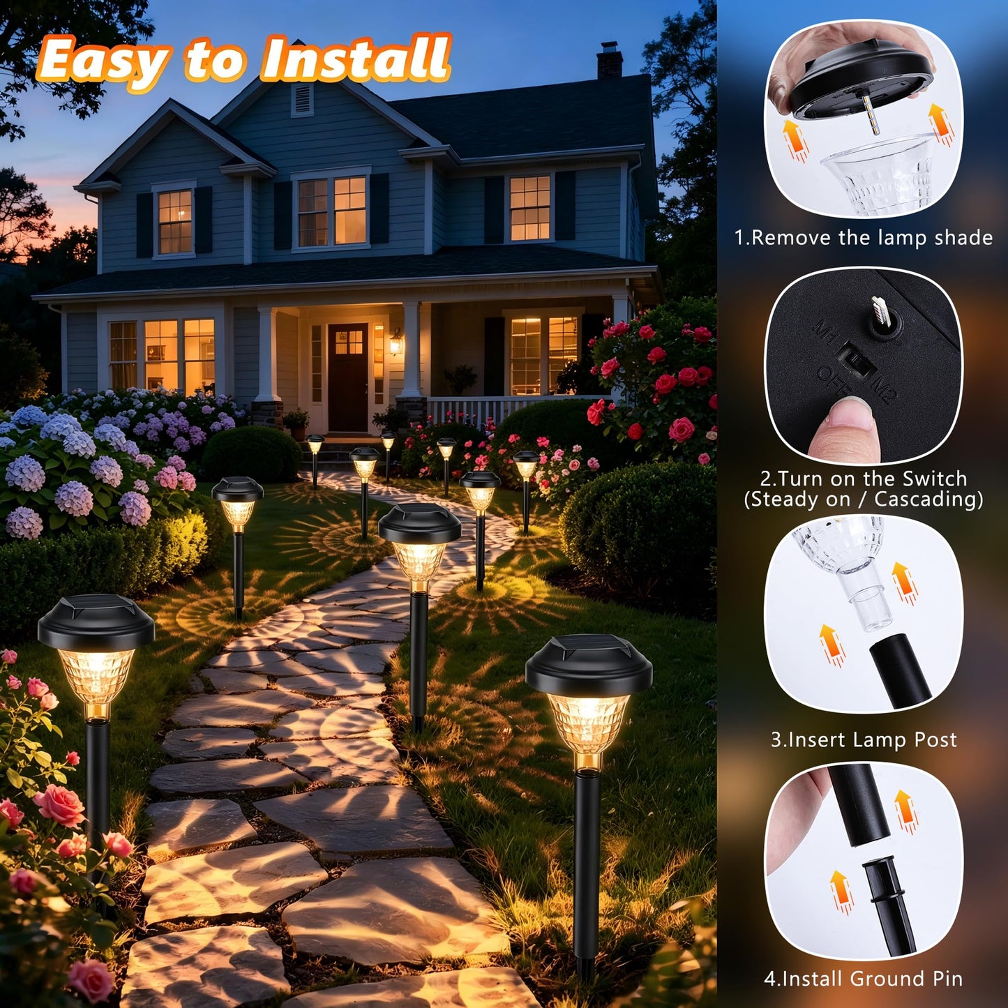 Joomer Solar Pathway Lights, 8Pack 10LED Solar Landscape Lights with Auto Lighting Sense & 2 Modes, Waterproof Outdoor Walkway Light, Warm White Cascading Garden Light for Yard, Patio, Lawn, Driveway