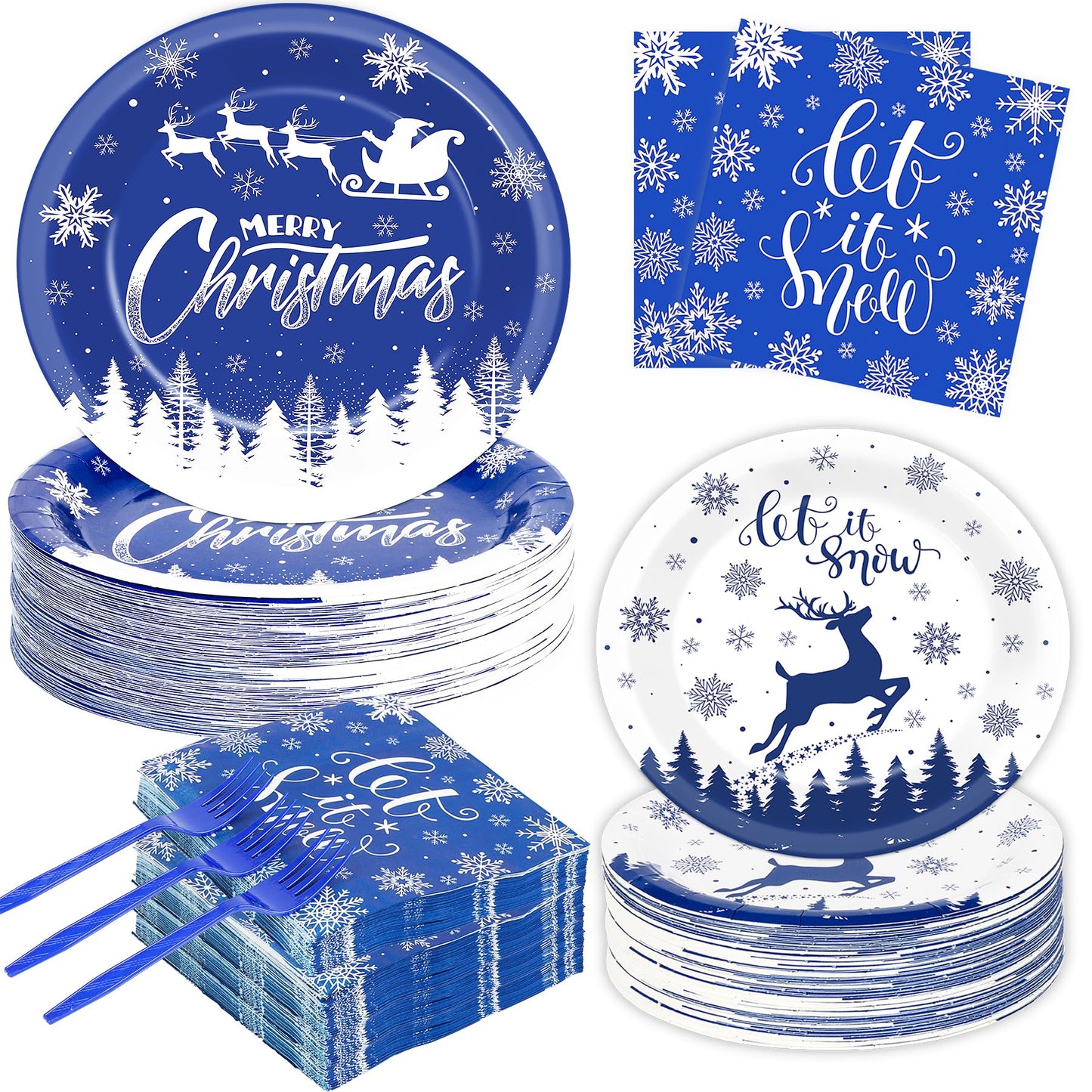 200Pcs Christmas Plates and Napkins Blue Merry Christmas Tableware Set Let it Snow Reindeer Snowflakes Dinnerware Set for Xmas Party Decorations Winter Holiday Birthday Party Serve 50 Guests