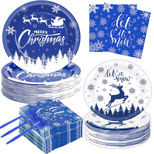 200Pcs Christmas Plates and Napkins Blue Merry Christmas Tableware Set Let it Snow Reindeer Snowflakes Dinnerware Set for Xmas Party Decorations Winter Holiday Birthday Party Serve 50 Guests