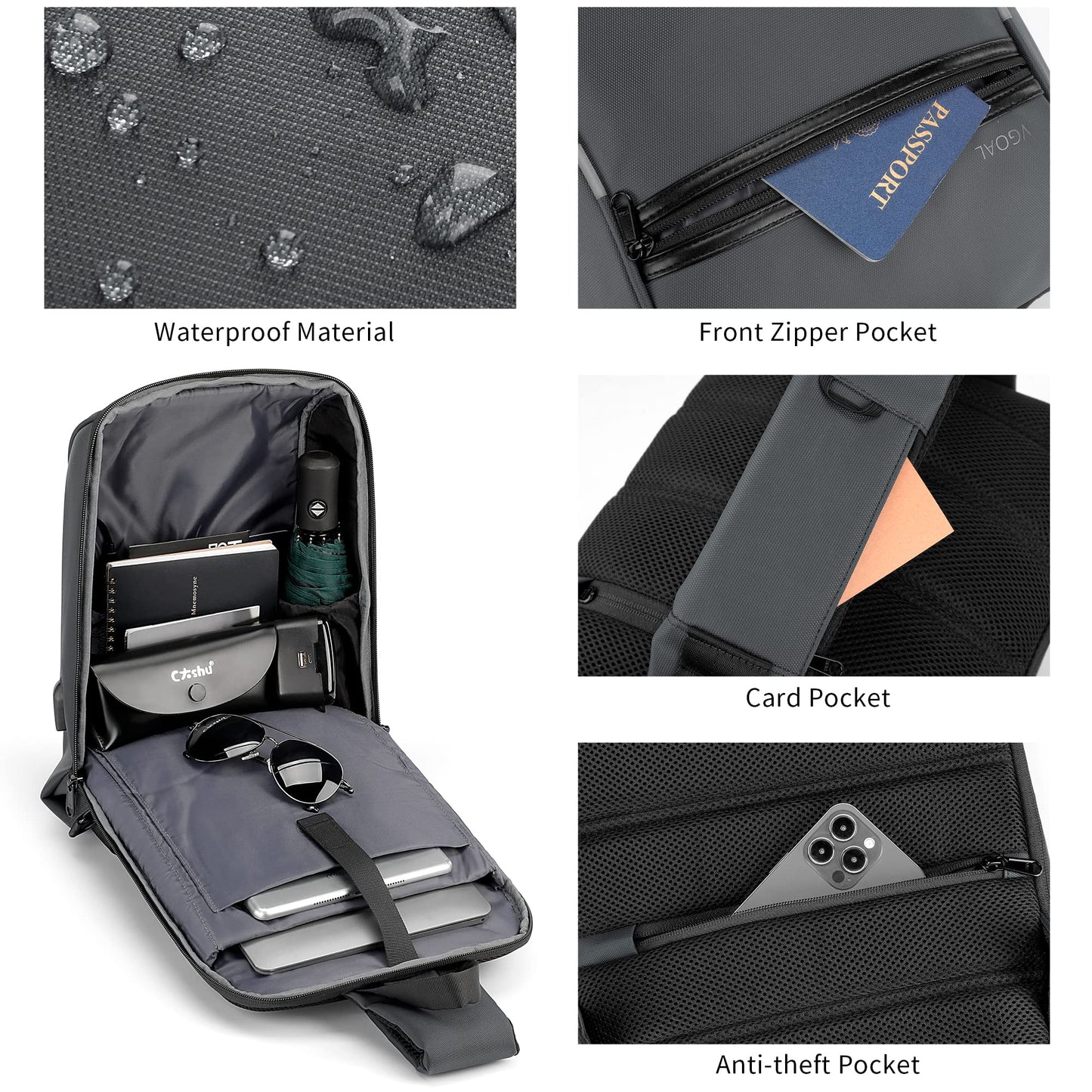 KINGSONS 13-inch anti-theft laptop sling backpack. Waterproof nylon, USB port, TSA lock, ideal for travel, hiking and camping (FG6301-Grey)