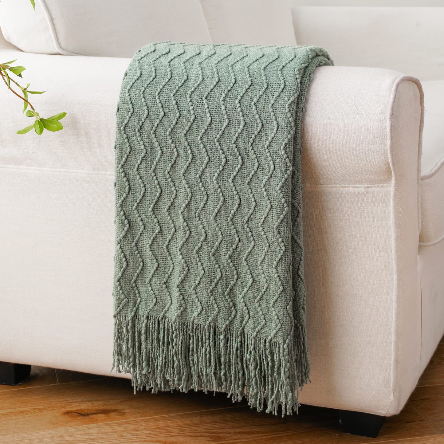 BATTILO HOME Sage Green Throw Blanket for Sofa Couch Office Living Room Home Décor Lightweight Textured Soft Cozy Knit Throw with Tassels Suitable All Seasons 50"x60"