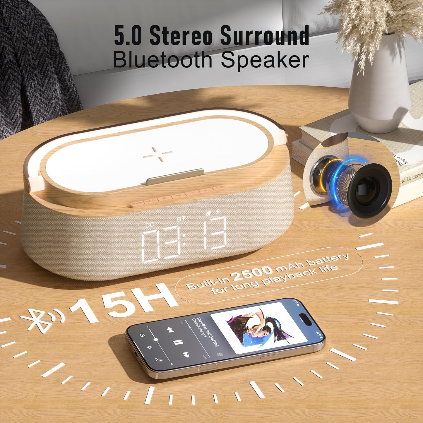 FREEFISH 6-in-1 Alarm Clock with Bluetooth Speaker, Wireless Charging, FM Radio, Night Light, Phone Holder, Digital Clock, 15W Fast Charger for iPhone 16/15/14/13 Samsung, Bedroom Office Gift (Wood)
