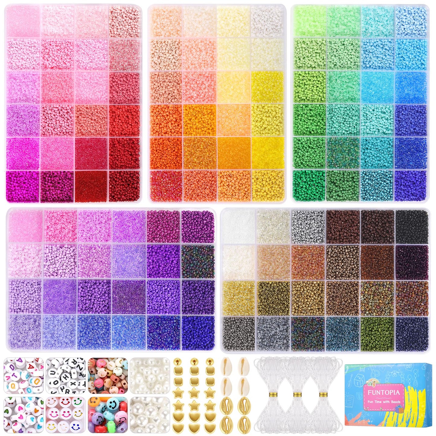 Funtopia 5 Boxes 120 Colors Beads, Friendship Bracelet Kit with 2mm Glass Seed Bead and Letter Bead, Colorful Beads for Making Jewellery, DIY Bracelets and Art Crafts for Birthdays, Parties, Holidays (49000+Pcs)