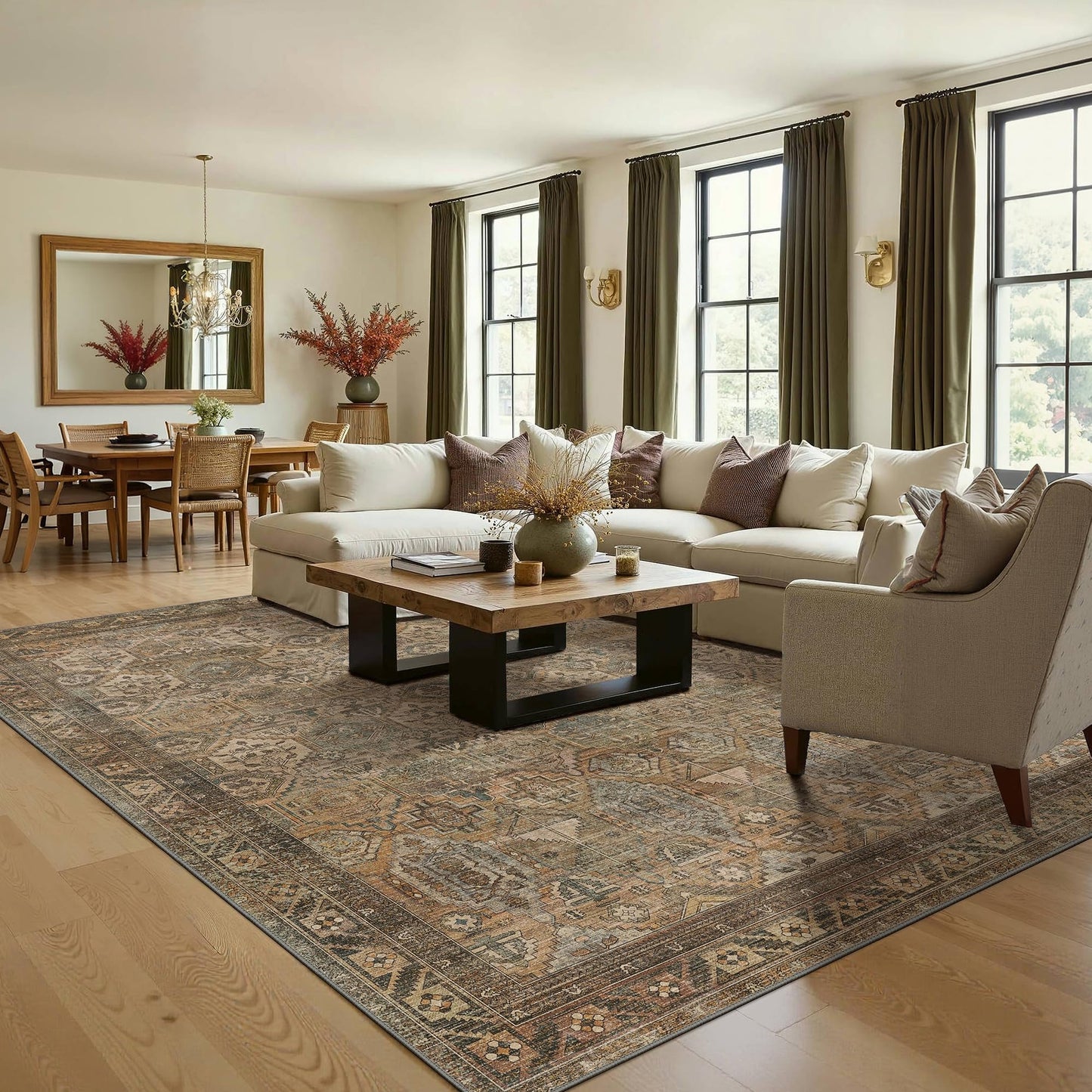 Bavni Area Rug 5x7 Washable Rug for Living Room Bedroom Dining, Washable Vintage Distressed Print Carpet, Ultra-Thin Chenille Low Pile Lightweight Rug with Non Slip Backing, Sepia
