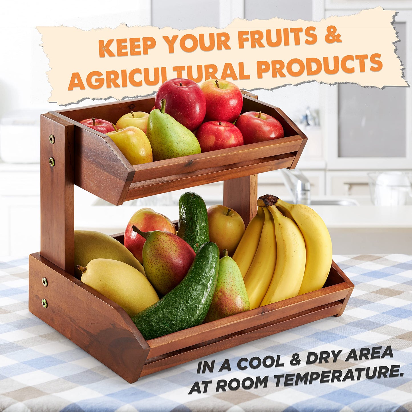 HOLANA Acacia Tier Fruit Basket for Counter – Wooden Fruit Bowl for Kitchen Counter Organizer, Vegetable & Produce Storage, Wooden Basket & Snack Organizer for Countertop Storage (Acacia, 2 Tier)