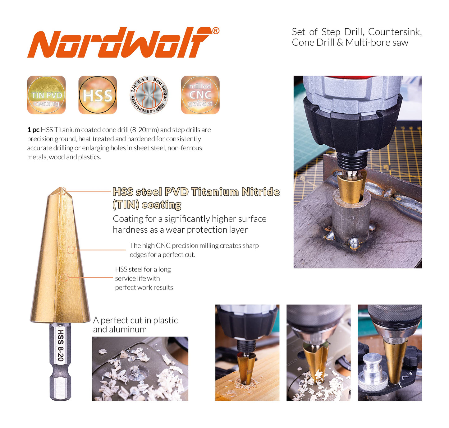 NordWolf 12-Piece HSS Titanium Metric Step, Countersink, Cone Drills with 1/4" Hex Shank, Multi Drill Saw & Automatic Center Punch Set in Storage Case