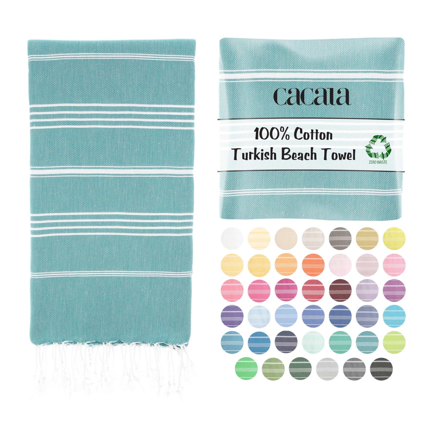 CACALA Pure Series Turkish Bath Towels – Traditional Peshtemal Design for Bathrooms, Beach, Sauna – 100% Natural Cotton, Ultra-Soft, Fast-Drying, Absorbent – Warm, Rich Colors with Stripes Aqua
