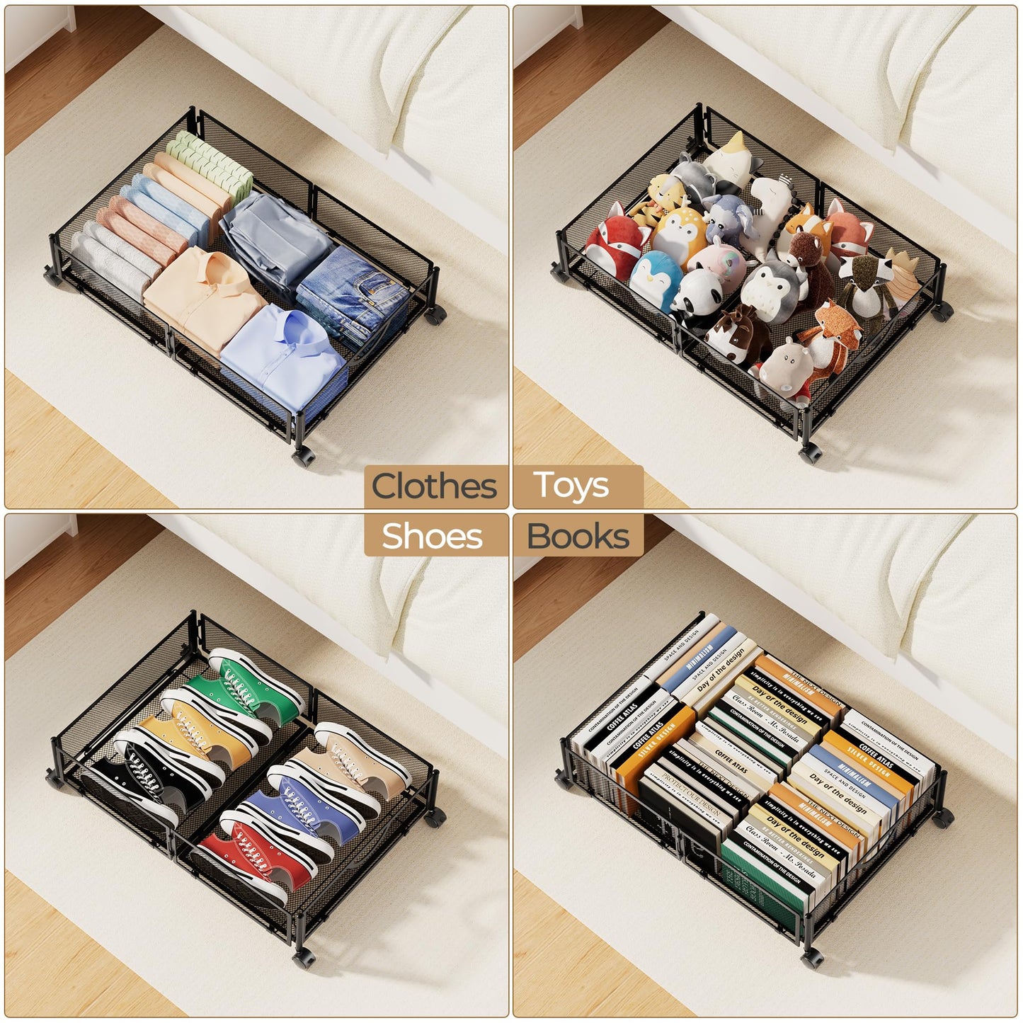Yecaye Under Bed Storage with Wheels, 2 Pack Under Bed Shoe Storage Organizer Drawer, Tool-free Assembly Metal Underbed Storage Containers for Clothes, Shoes, Toys, Black