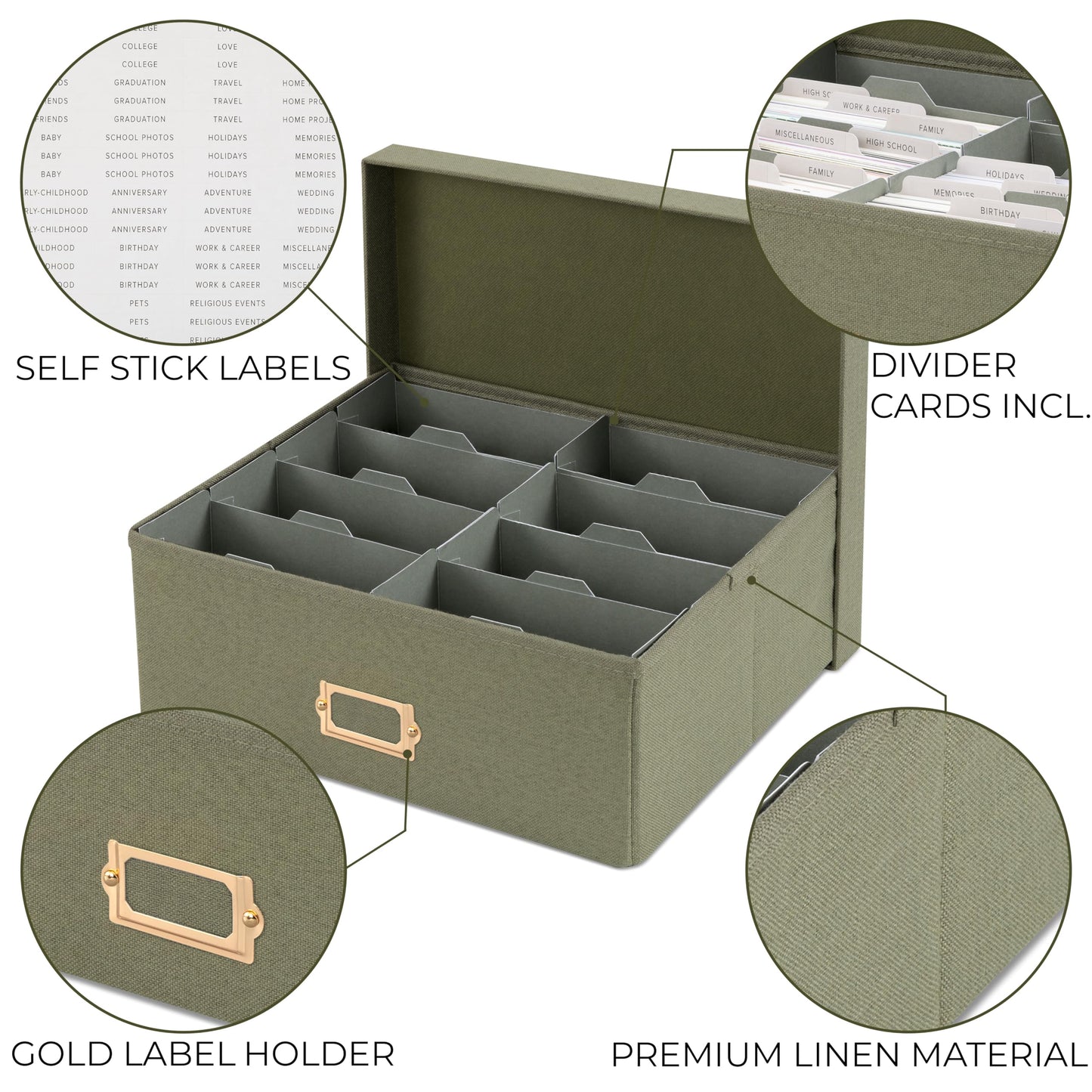 ZICOTO Decorative Photo Storage Box - Sturdy Linen Photo Organizer with Dividers is Perfect to Store Up to 1700 Pictures and 4x6 Photos - Portable Scrapbook Storage Containers with Lid