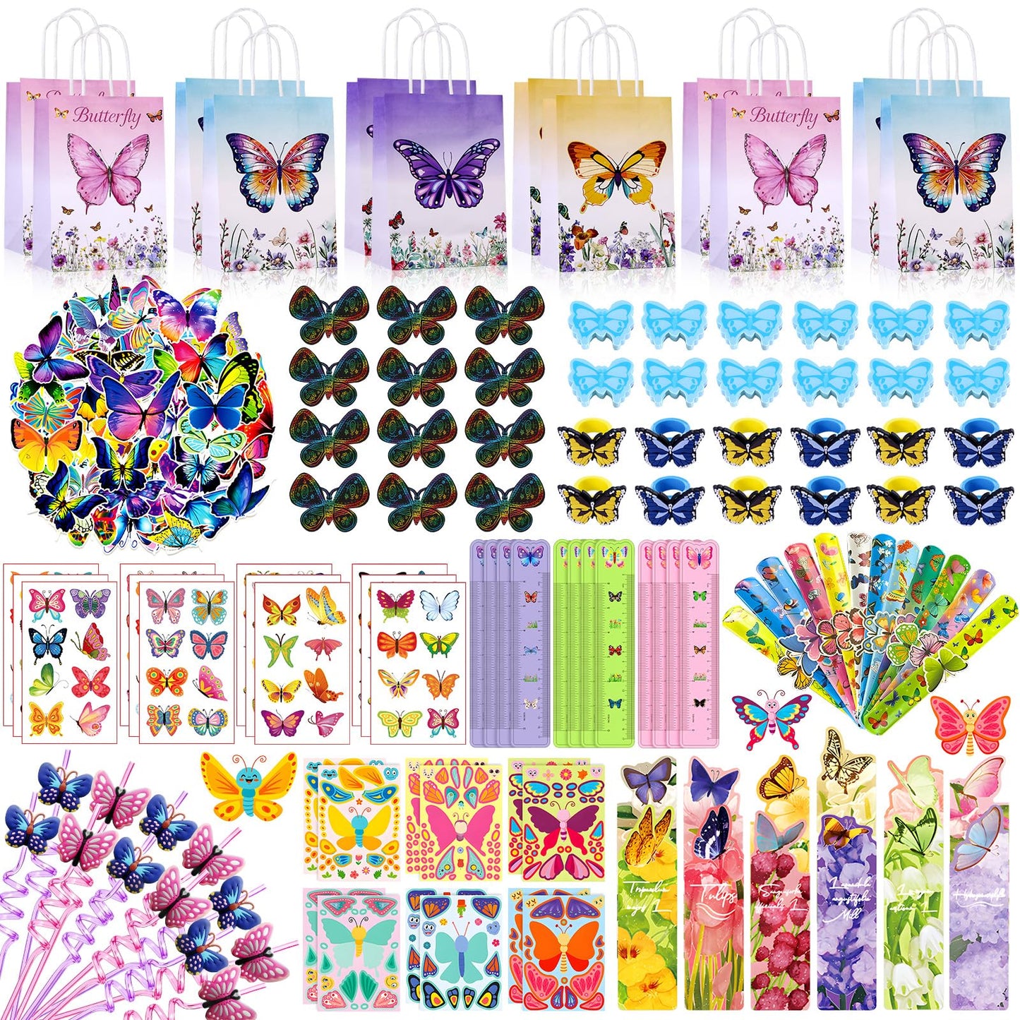 170pcs butterfly party favors Supplies, rulers,Scratch Crafts,Gift Bags,Stickers School Stationery Bulk for Kids Birthday Fill Up the Goodie Bags Prizes Pinata Fillers girl Party Decorations