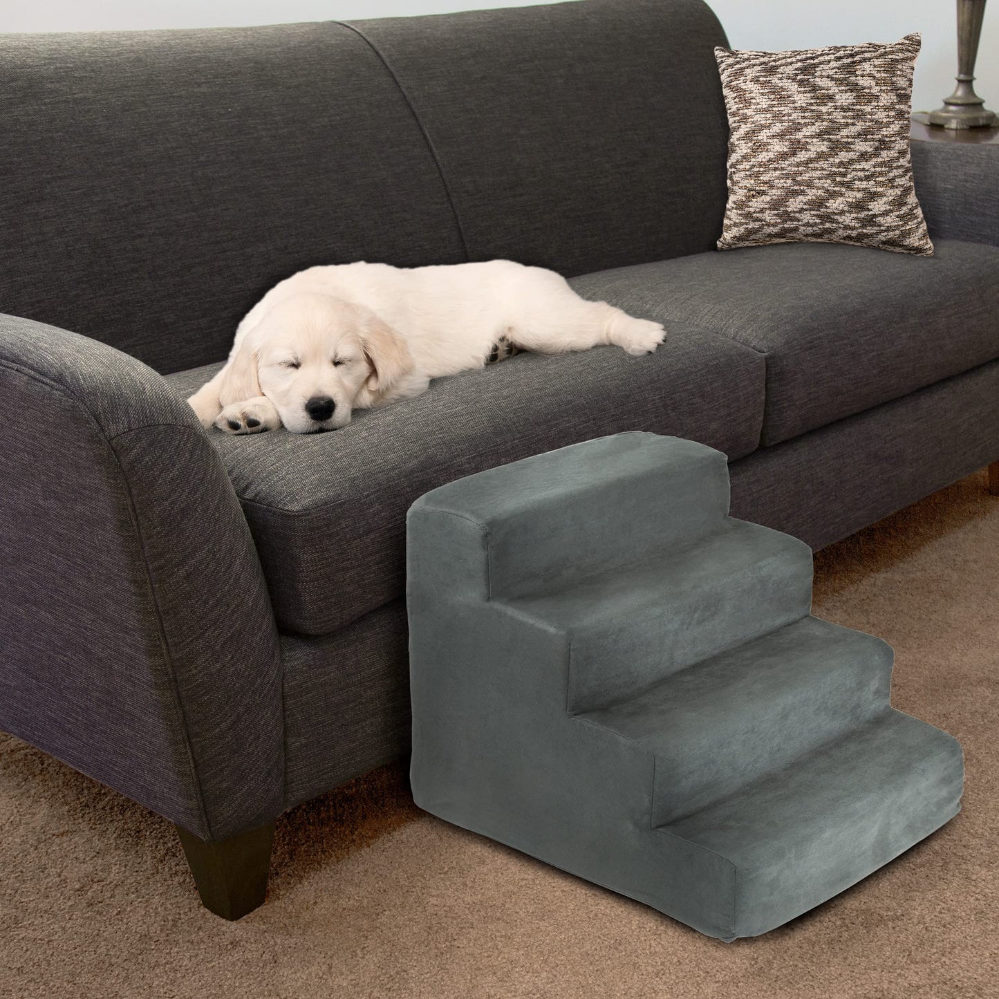 PETMAKER Dog Stairs for Small Dogs - 4-Step Dog Steps for High Bed and Couch - Pet Stairs with Nonslip Bottom, High-Density Foam, and Removable Washable Cover - Cat and Dog Furniture, Gray