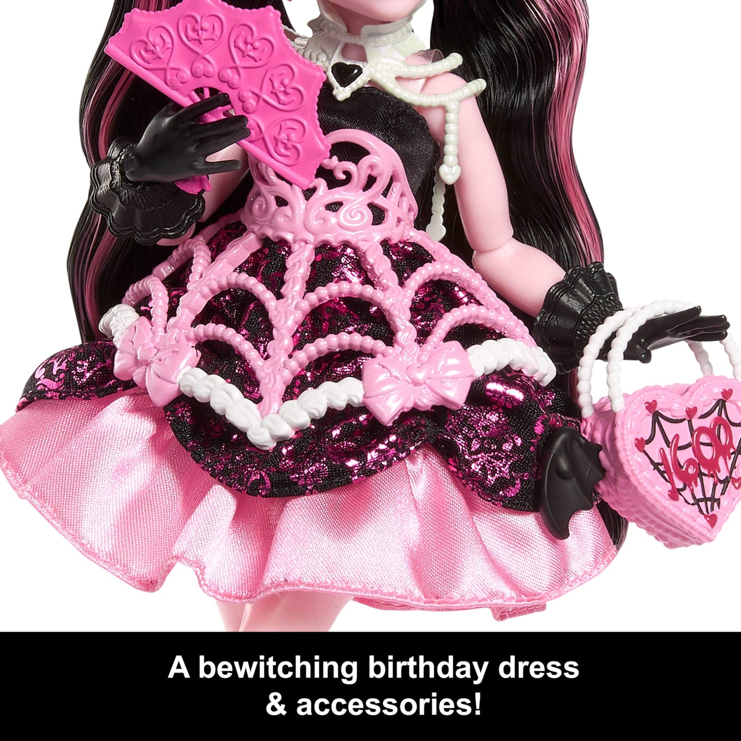 Monster High Scary Sweet Birthday Doll, Draculaura in Pink Party Dress with Themed Accessories Like Invite, Balloon, Gift, Fan and More