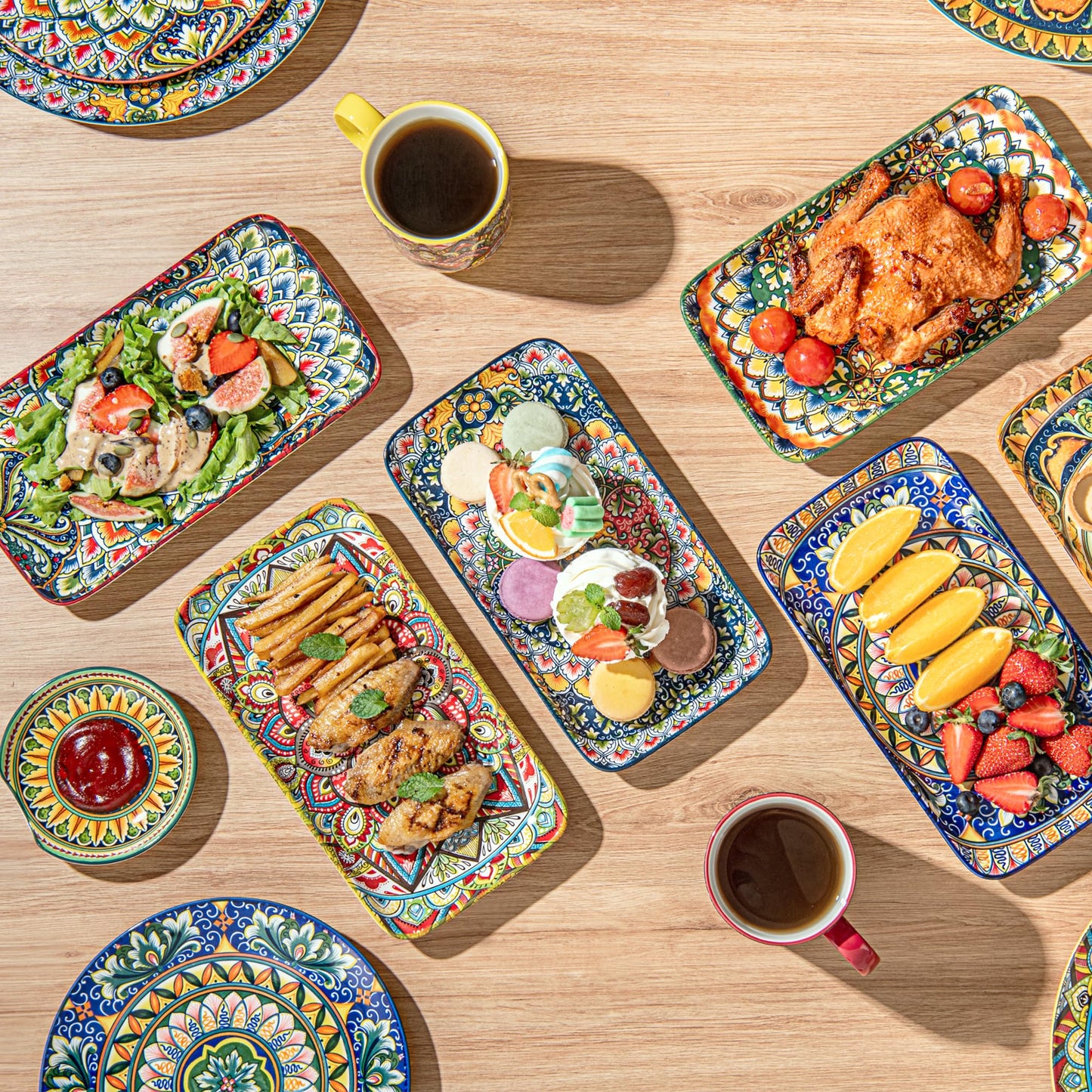 Henten Home Ceramic 10 Inch Salad Plates, Porcelain Rectangular Dessert Plate Set of 6, Bohemian Serving Dishes for Sushi, Pasta, Appetizer, Microwave & Dishwasher Safe
