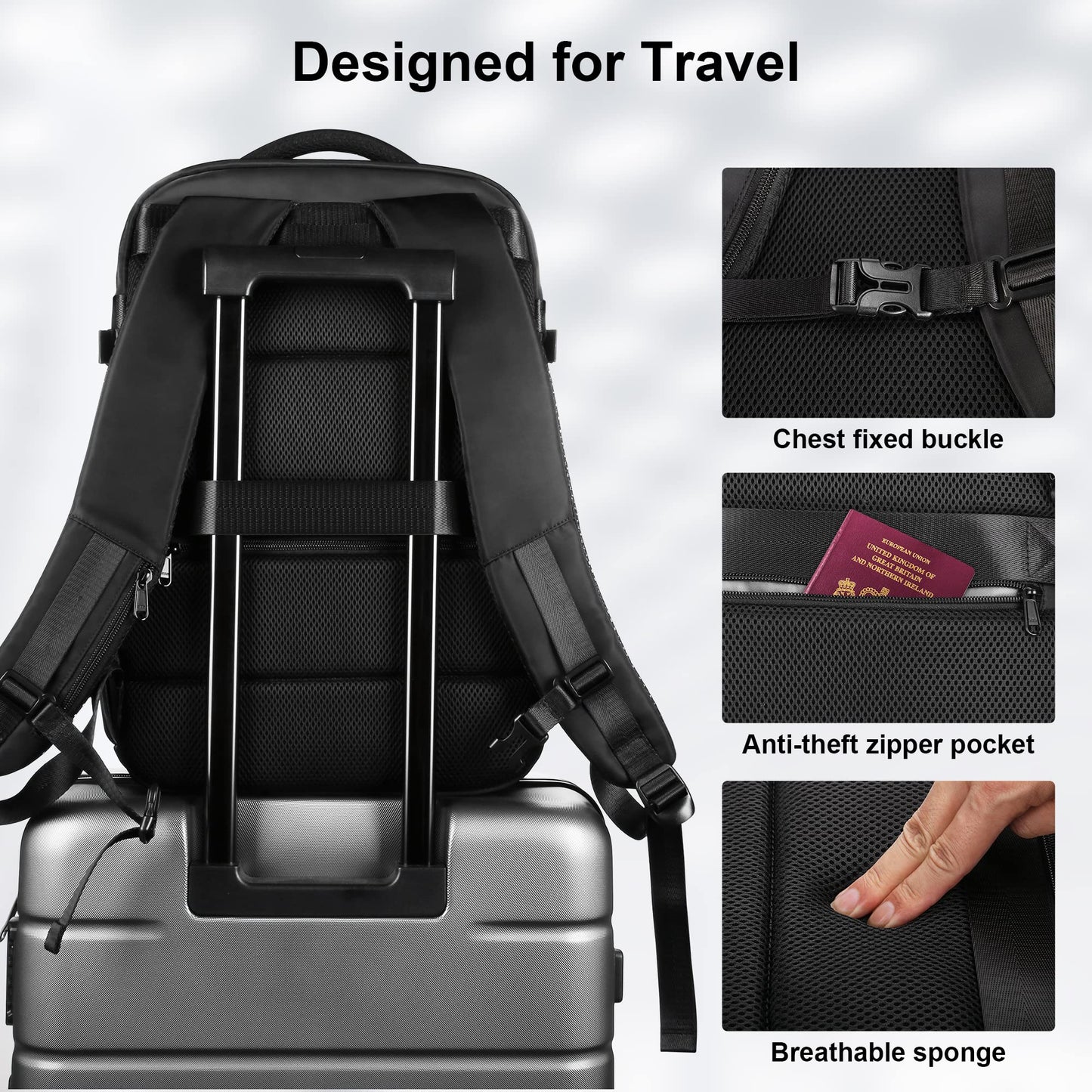 HOMIEE Travel Laptop Backpack, Flight Approved Carry-On Backpack 15,6" Laptop Backpack, Anti-theft Travel Backpack with USB Charging Port, Unisex Luggage Backpack, Black