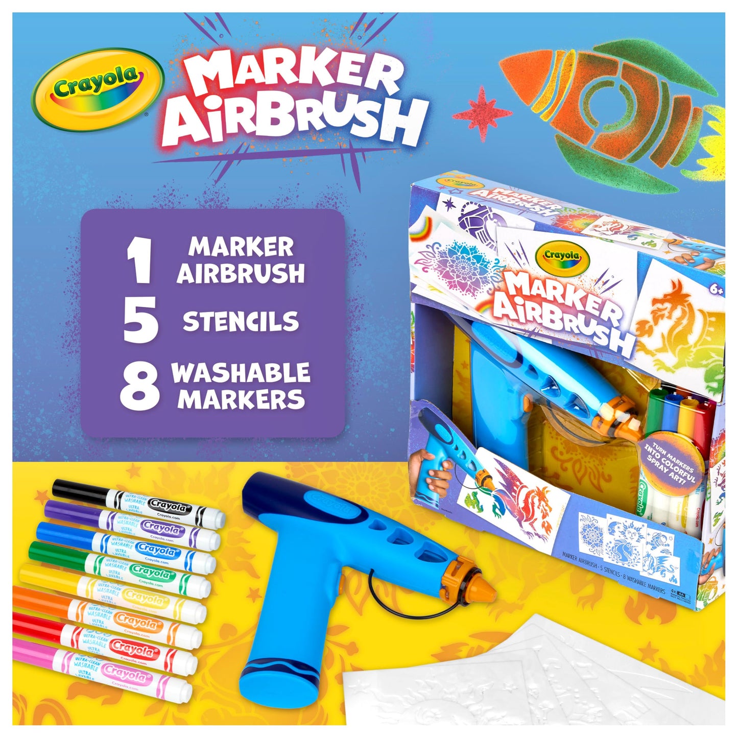 Crayola Marker Airbrush Spray Art Kit, DIY Marker Art Set for Kids, No Batteries Required, Toys for Kids, Gift for Boys & Girls, 6+