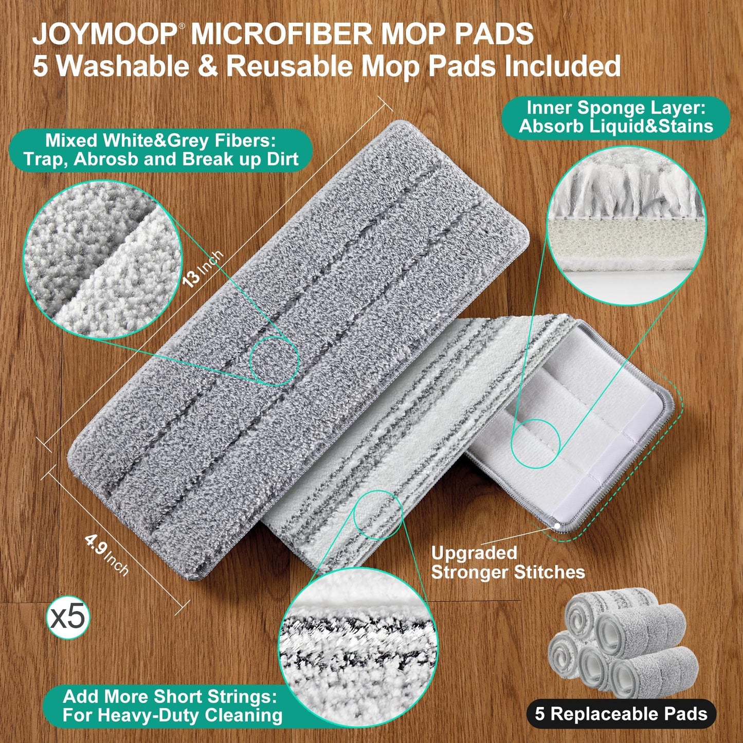 JOYMOOP Mop and Bucket with Wringer Set, Flat Floor Mop and Bucket, Mop for Floor Cleaning with 5 Microfiber mops, Wet and Dry Use, Household Cleaning Tools, for Hardwood, Laminate, Tile