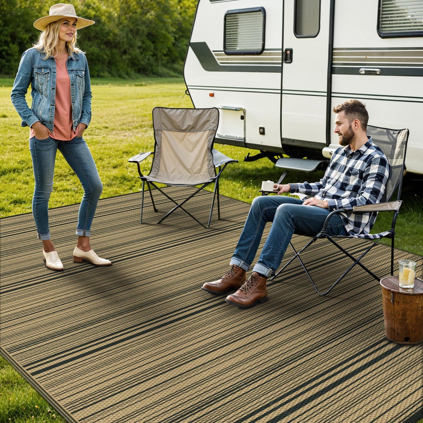 GENIMO Outdoor Rug for Patio Clearance, Reversible Plastic Straw Rugs, Lightweight Waterproof RV Camping Mat for Camper, Balcony, Deck, Backyard, Picnic, Black Brown