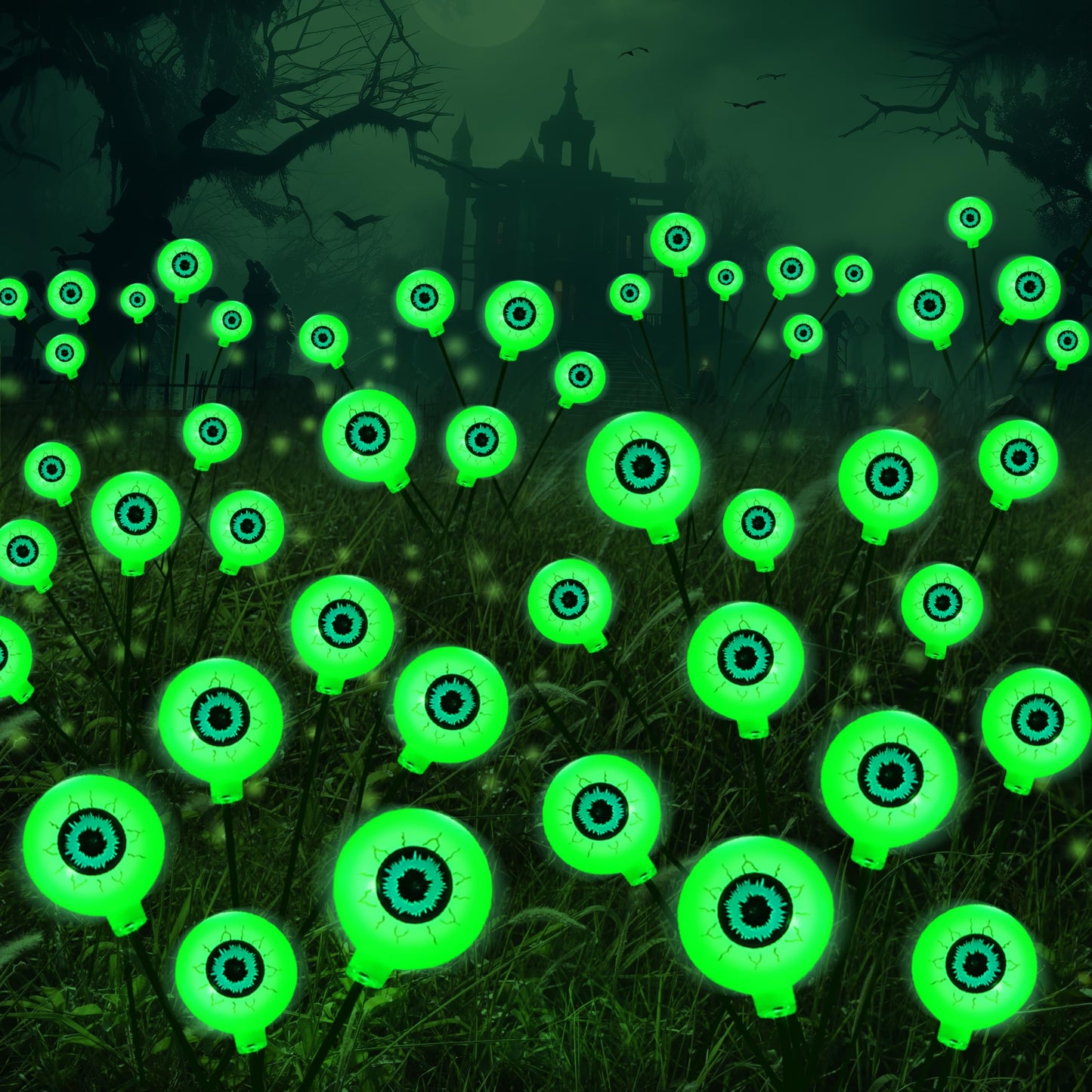 JOYIN Halloween Decorations Outdoor Solar Scary Eyeball Lights, 8 Pcs 48LEDs Green Pathway Yard Stakes, Waterproof Firefly Lights for Halloween Graveyard Yard Garden Patio Walkway Party